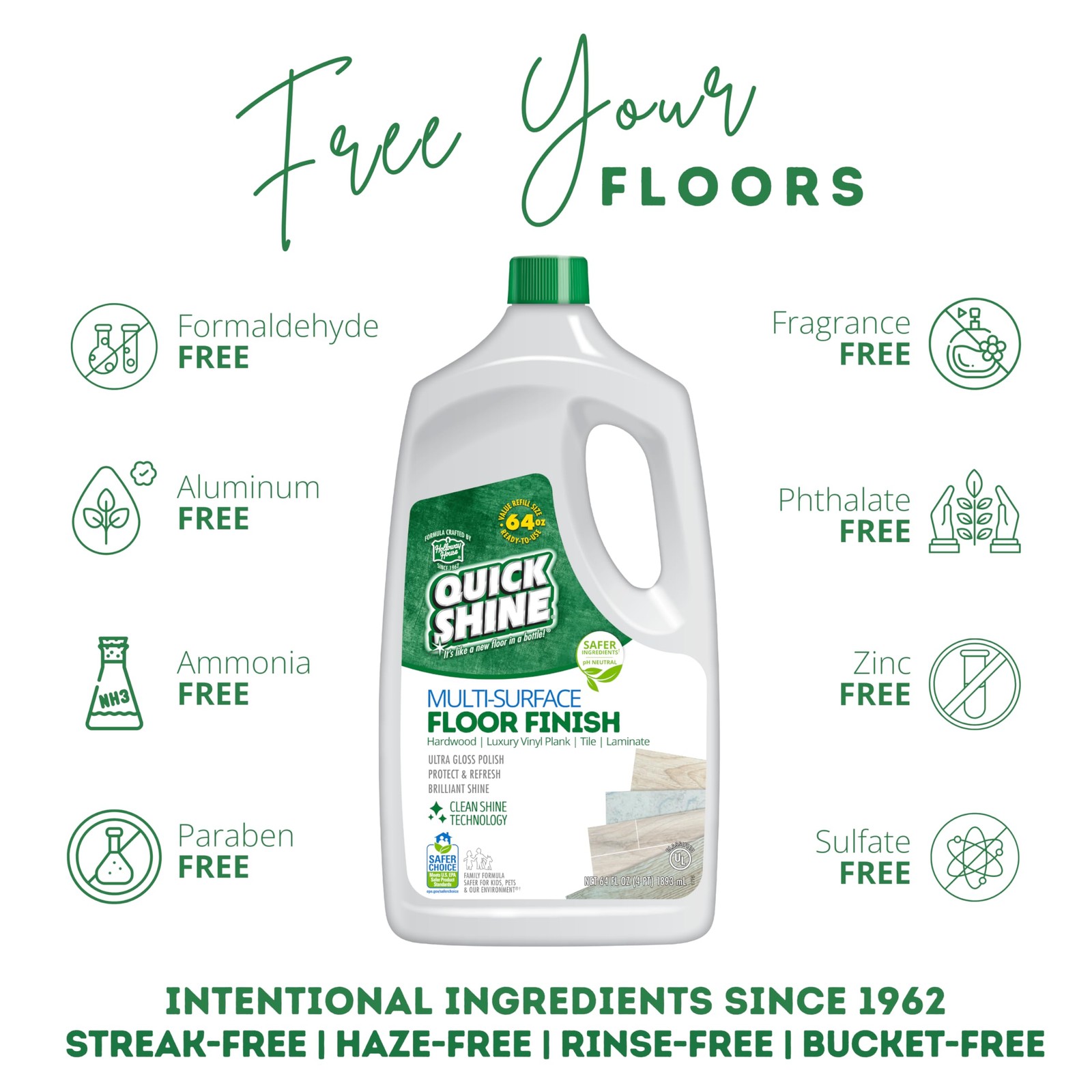 Quick Shine Multi-Surface Floor Finish-Polish 64oz-4pk | Safer Choice, No PF…