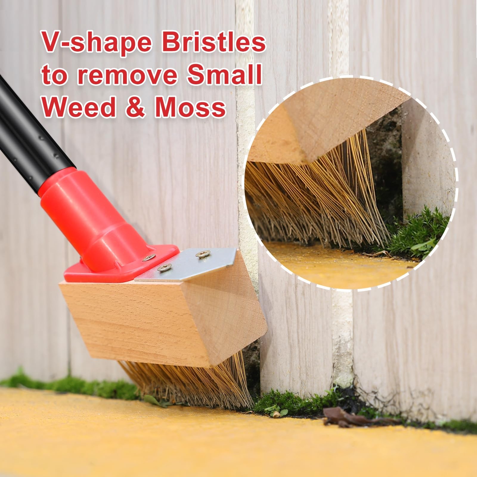 Moss Remove Brush with Long Handle(53IN), Deck Crevice Cleaning Tool, Weed Re