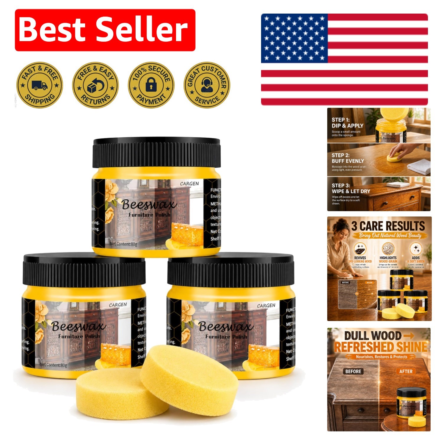 Beeswax Wood Polish – Restore and Enhance Shine for Antique Furniture, 3PC Set