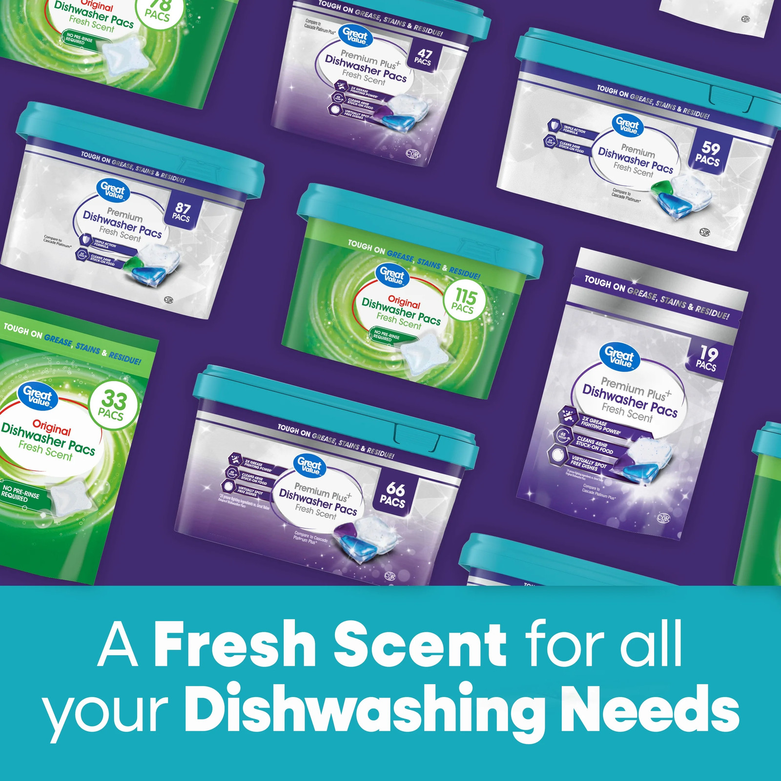 Premium Plus Dishwasher Pacs, Fresh Scent, 47 Count