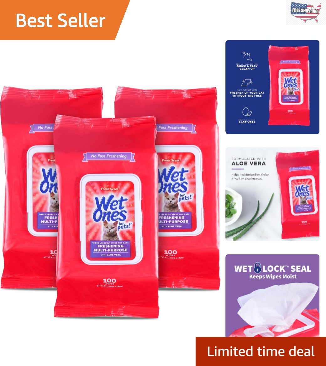 Gentle Freshening Cat Wipes with Aloe Vera, 100 ct – 3 Pack for Easy Grooming