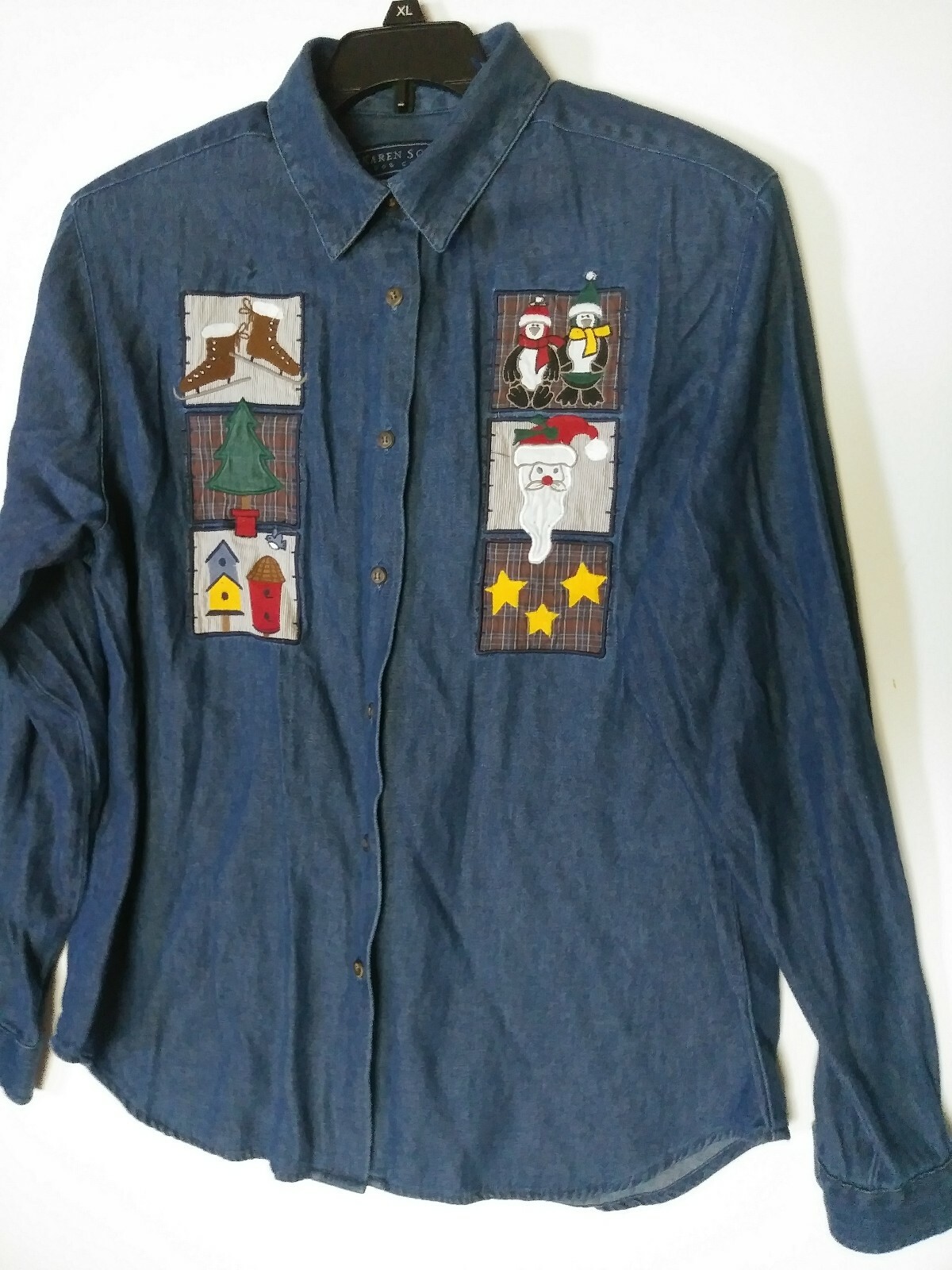 KAREN SCOTT BUTTON-DOWN DENIM SHIRT CHRISTMAS PATCHES APPLIQUE SIZE MEDIUM USED