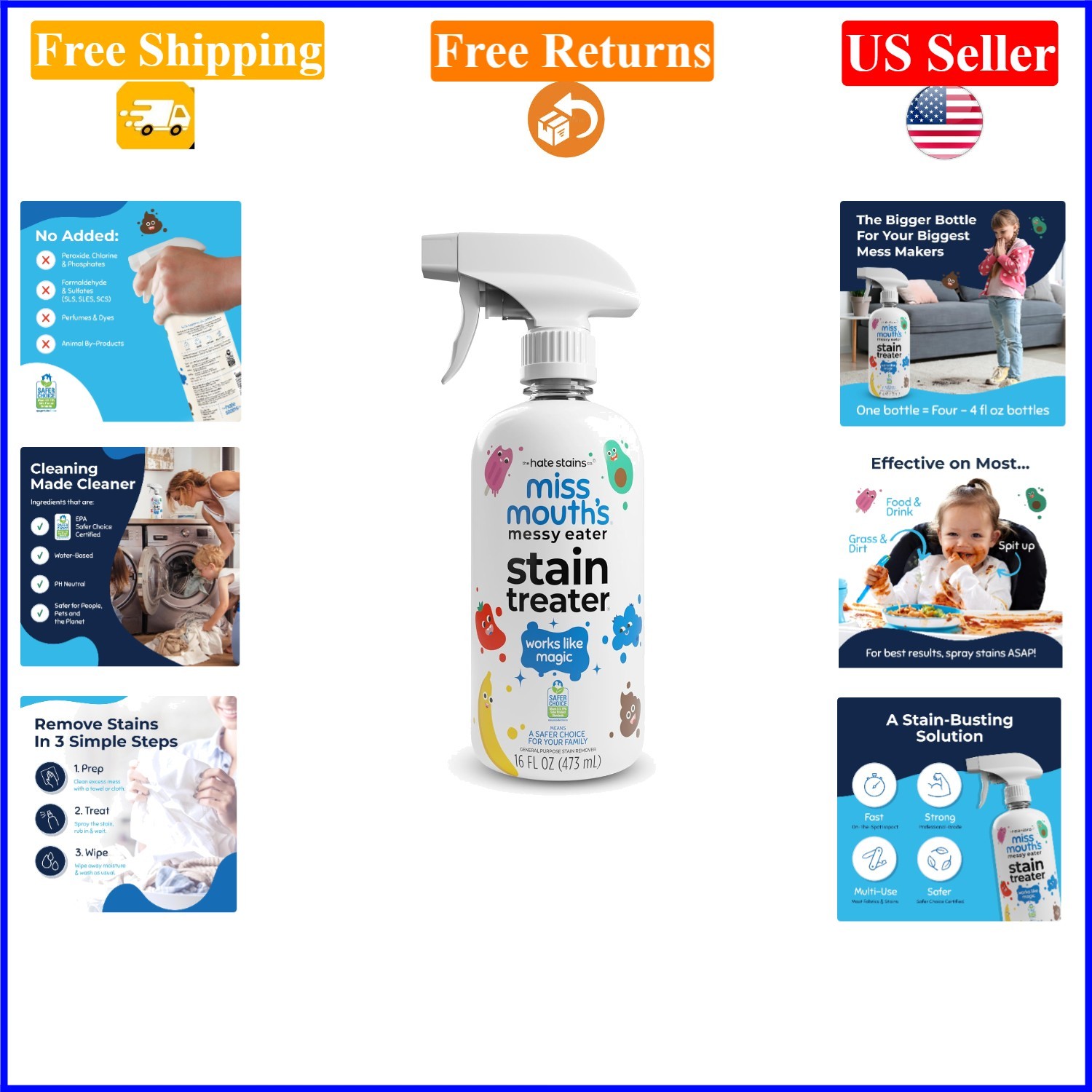 Messy Eater Stain Remover Spray 16oz Safe for Babies, Food, Grease, Coffee