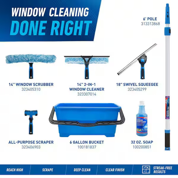 14 in Window Squeegee Scrubber 2-in-1 Glass Cleaner Tool Streak Free Combo