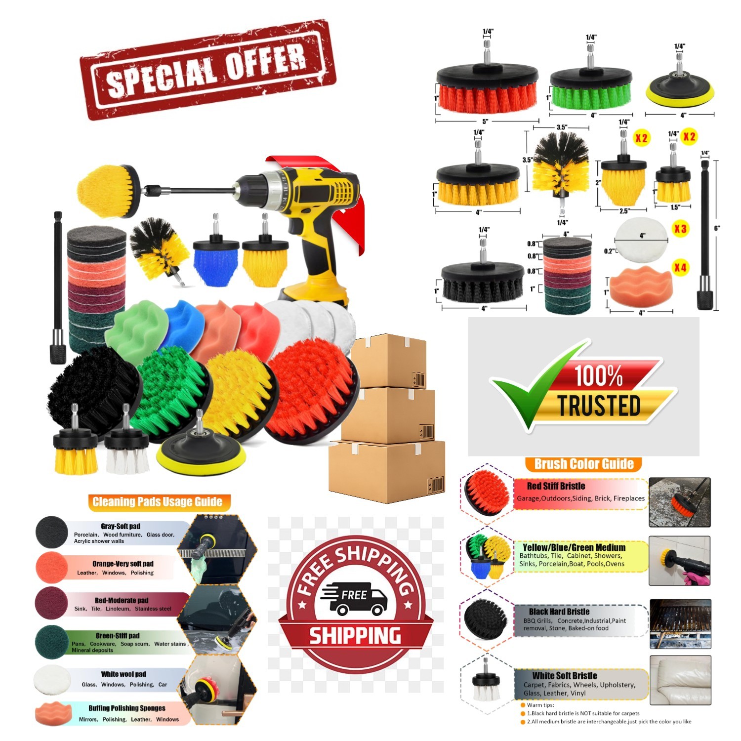 30Pcs Drill Brush Attachment Set,Drill Scrubber Brush Kit Include Scrub Pads