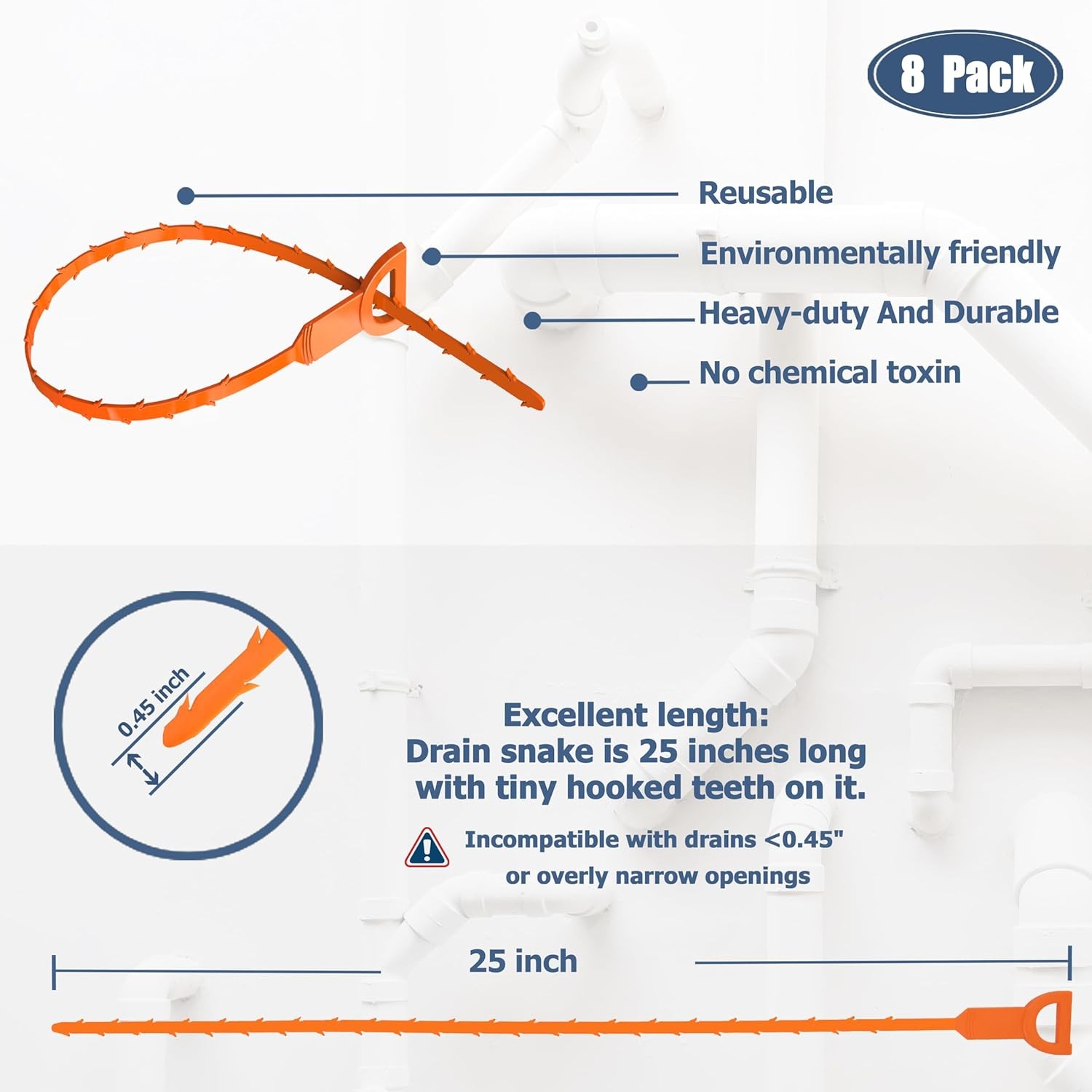 8 Pack 25 Inch Drain Snake Clog Remover, Drain Hair Remover, Sink Snake Drain