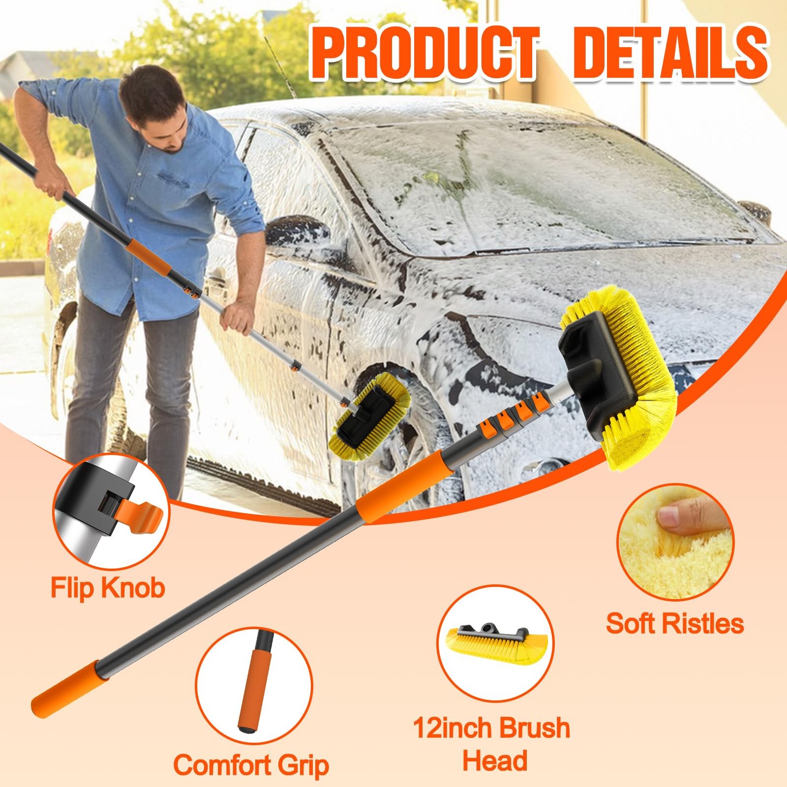 12FT Car Wash Brush with Long Handle, Soft Bristles for RV, Truck, Boat Cleaning
