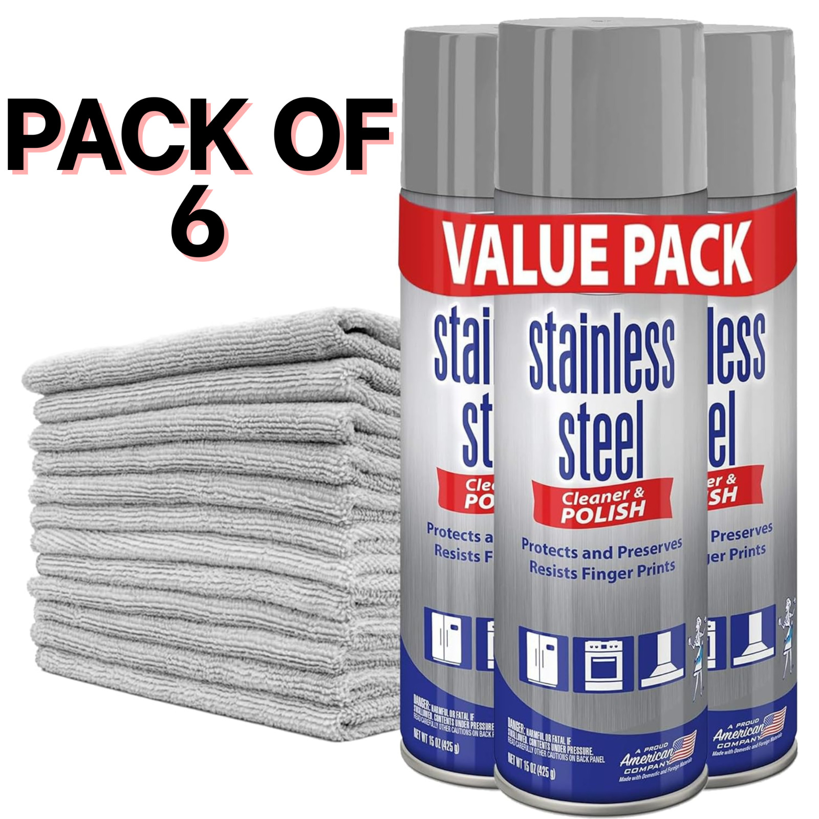 6 Pack Sprayway Stainless Steel Cleaner 15oz Foam + 10 Grey Microfiber Clothes