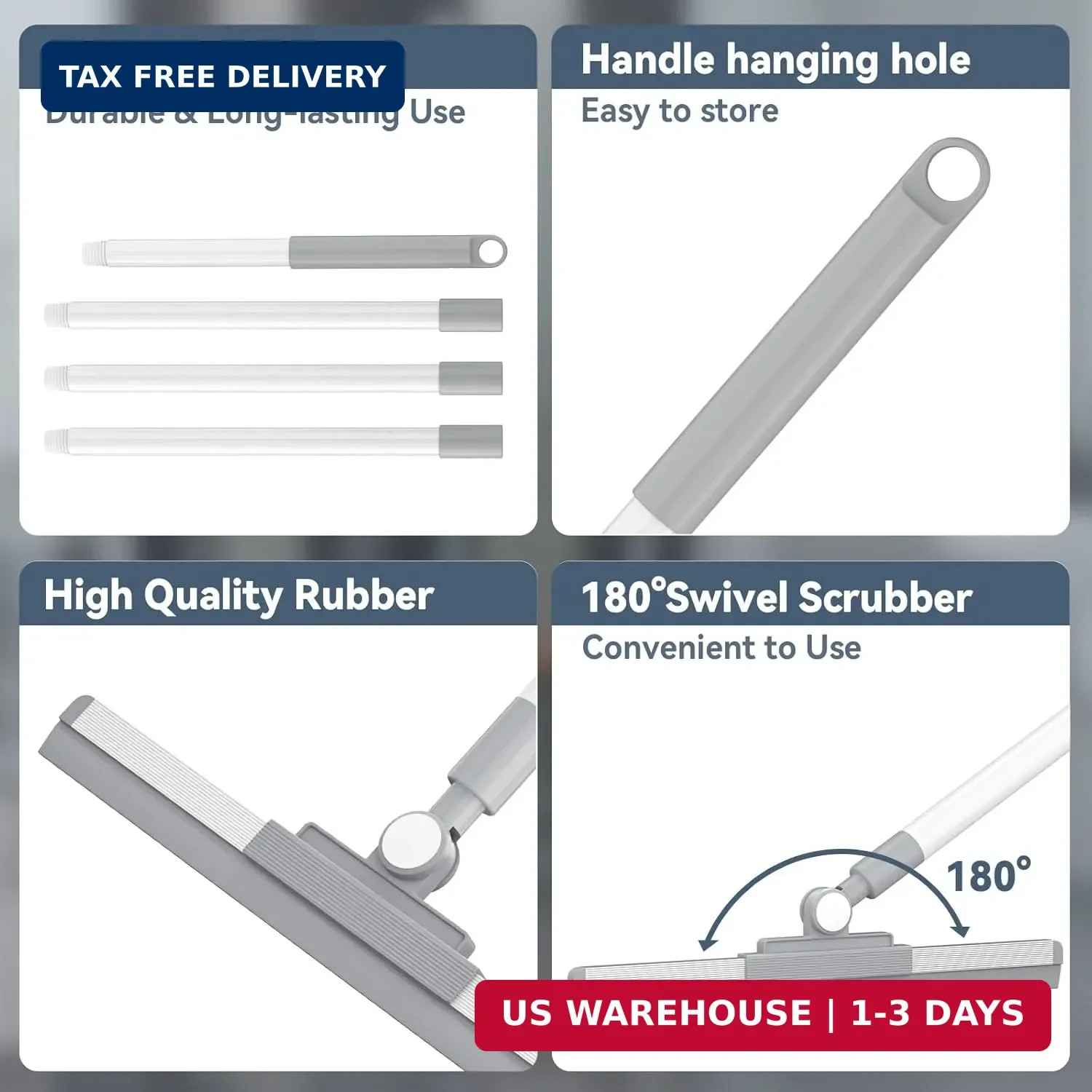 Floor Squeegee with 180° Rotating Head, Squeegee for Floor with 52” Long Handle