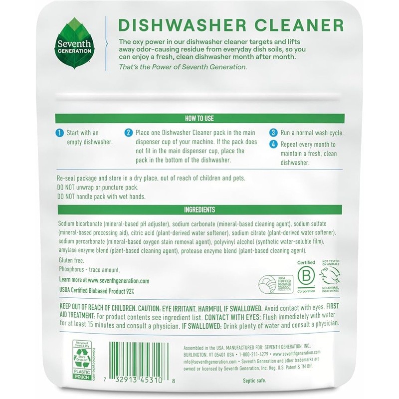 Dishwasher Cleaner Packs Oxy Power Odor Removal Biobased Septic Safe 92% USDA