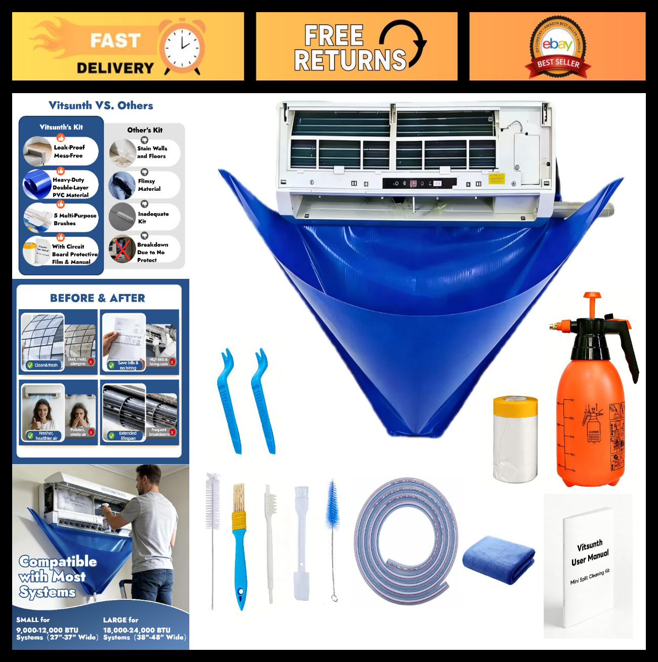 Mini Split Cleaning Kit with Sprayer for 18,000-24,000 BTU Ductless Units – Wate