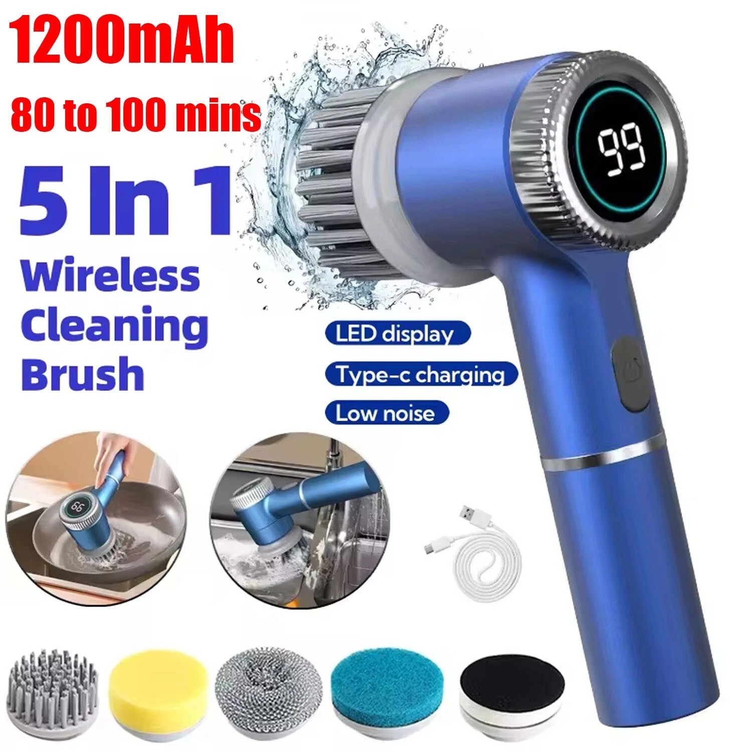 2024 5 Heads Electric Handheld Cordless Rechargeable Spinning Power Scrubber US