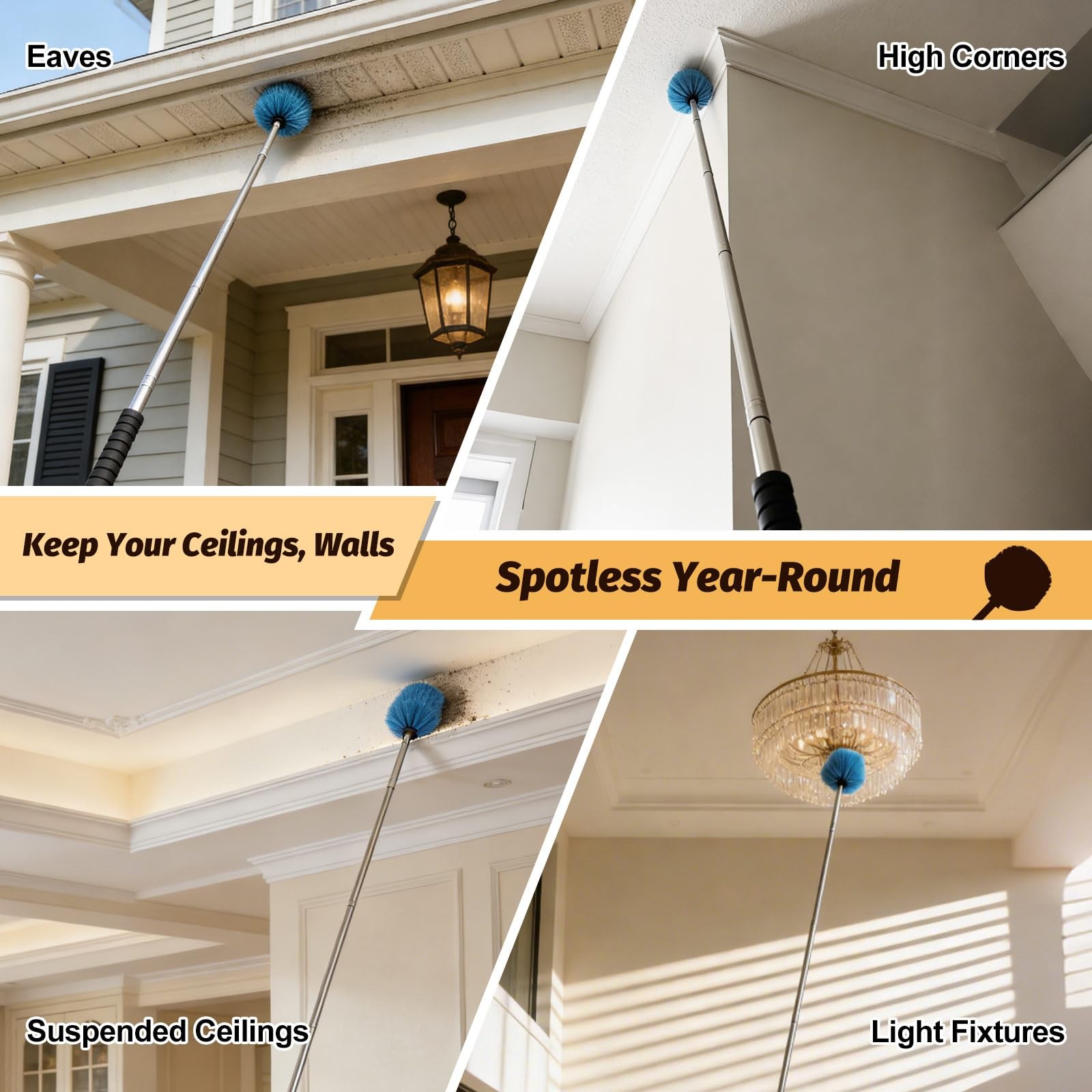 Cobweb Duster Brush with Extension Pole, Lightweight 5ft Long Spider Web Cobw…