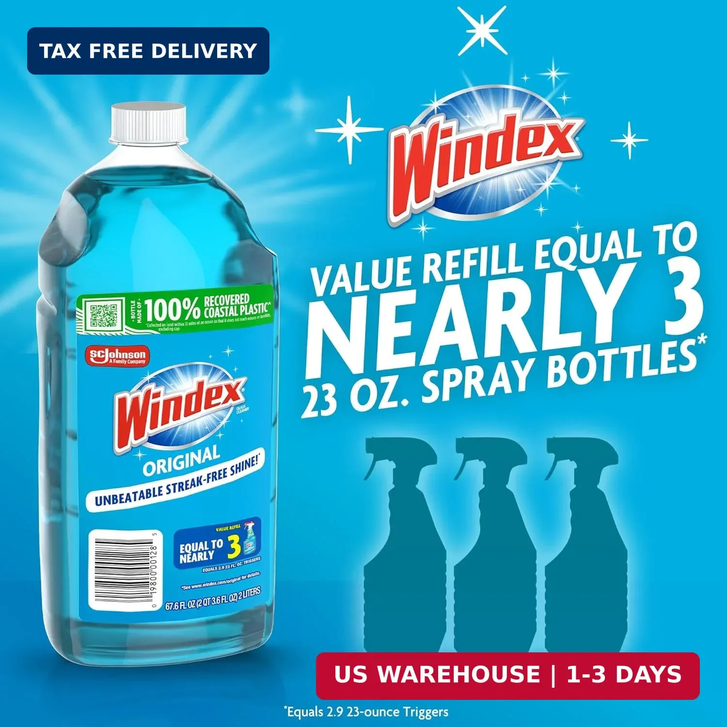 Windex Refill Glass and Window Cleaner Bottle, Bottle Made from 100% Recycled Pl