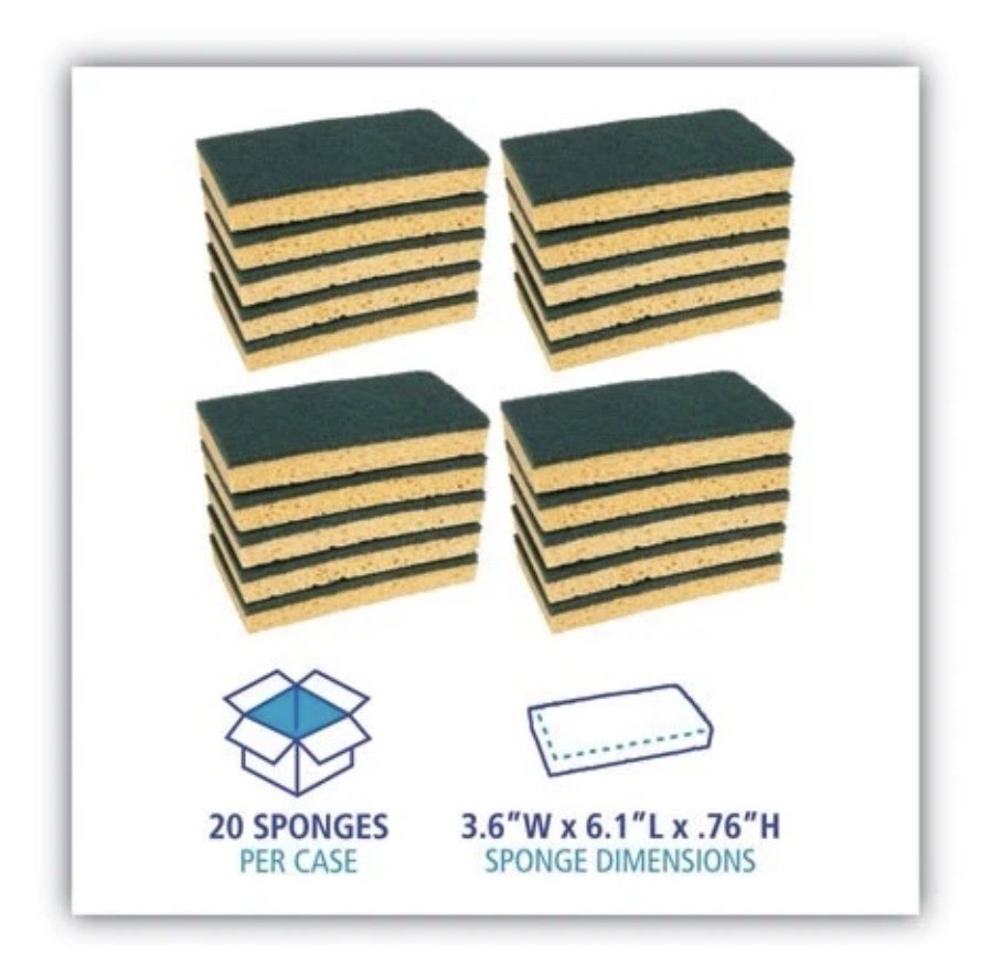 Boardwalk BWK174 Medium-Duty Scrubbing Sponge, Y/G 0.75″ Thick, 3.6×6.1 , 20/CT