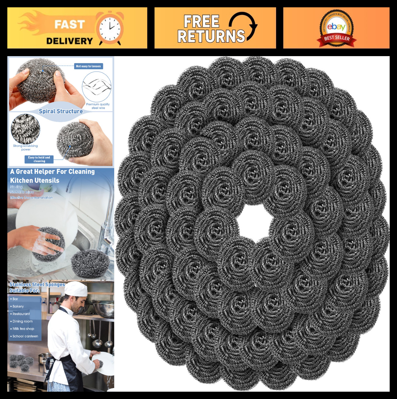 40 Pcs Stainless Steel Scrubbers – Heavy Duty Scouring Pads for Dishes, Pots, St