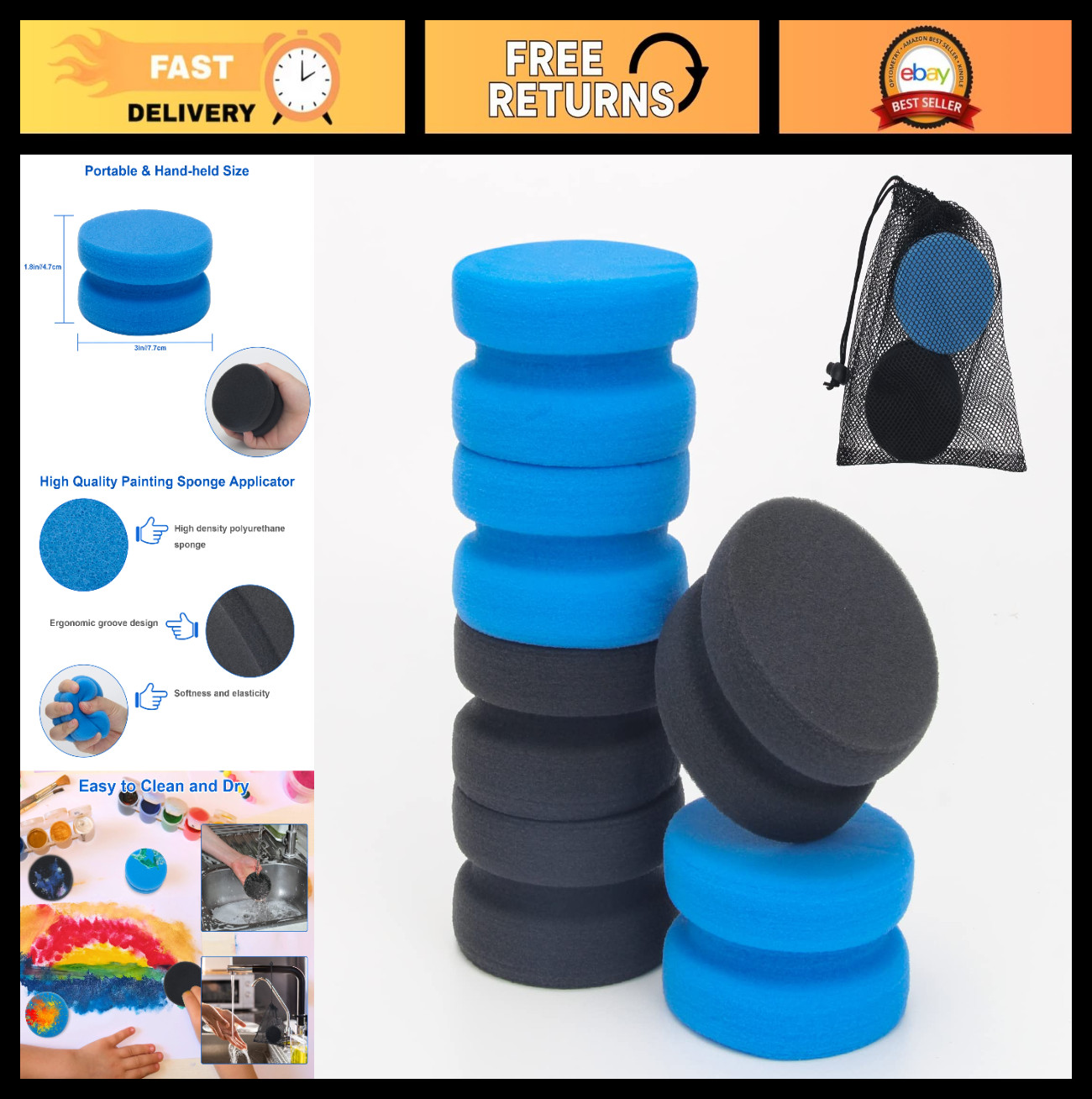 6 Pcs Double-Sided Paint Sponges – Round Art Craft & Car Waxing Sponges with Mes