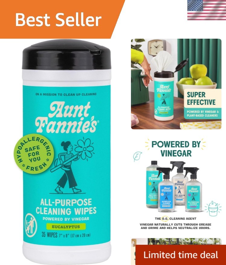 Aunt Fannie’s 35-Count Biodegradable Eucalyptus Vinegar Wipes for Home Cleaning