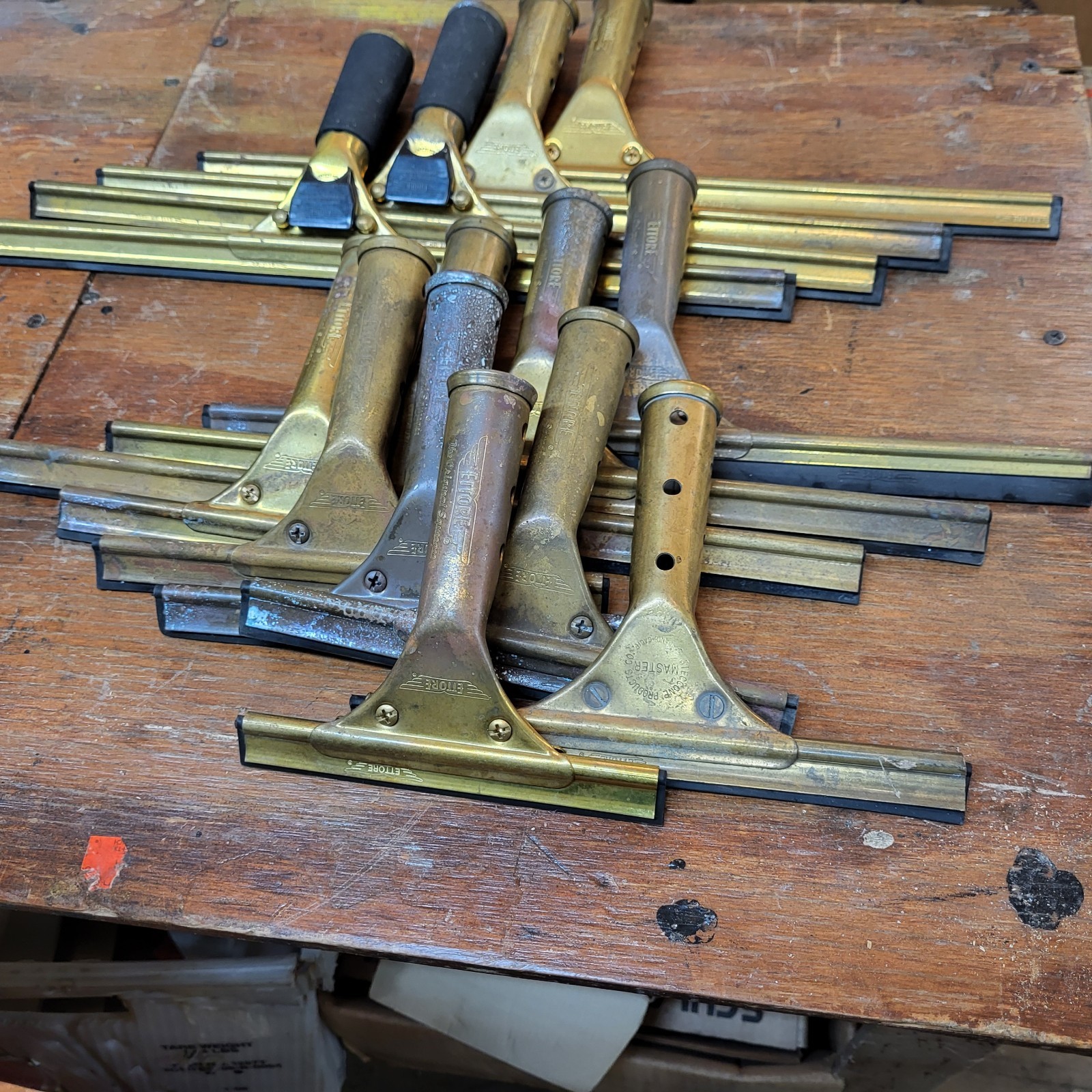 Huge Vtg Ettore Master Squeegee Brass Lot (13) Various Sizes 16″ 14″ 8″ 6″ GUC