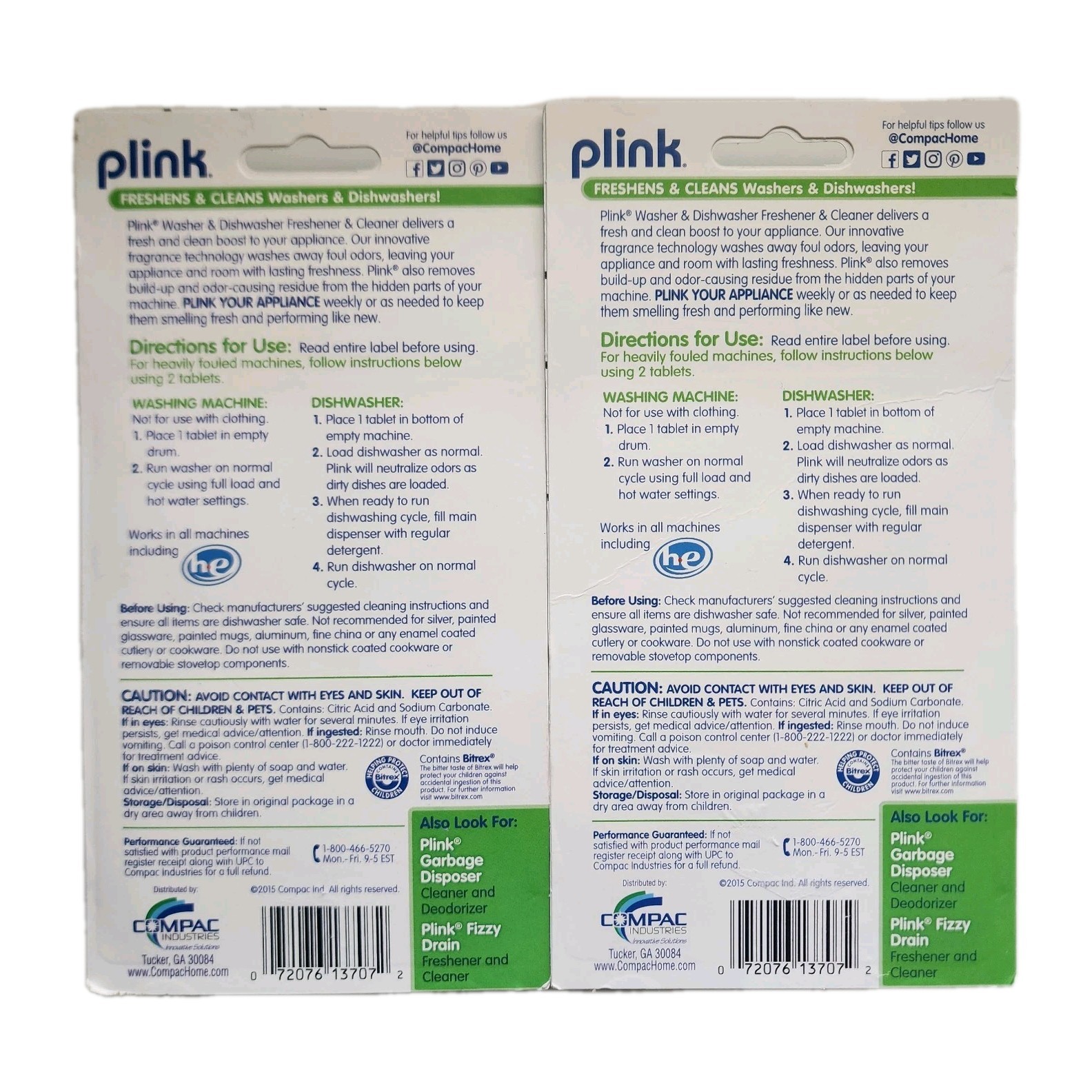 Compac Home PLINK Washer & Dishwasher Freshener & Cleaner Lemon Scent Lot Of 2