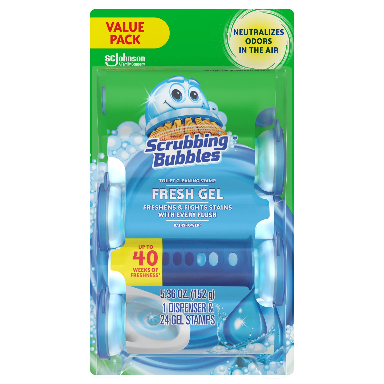 Bubbles Fresh Gel Toilet Cleaning Stamp, Rain Shower, Dispenser with 4 Refills