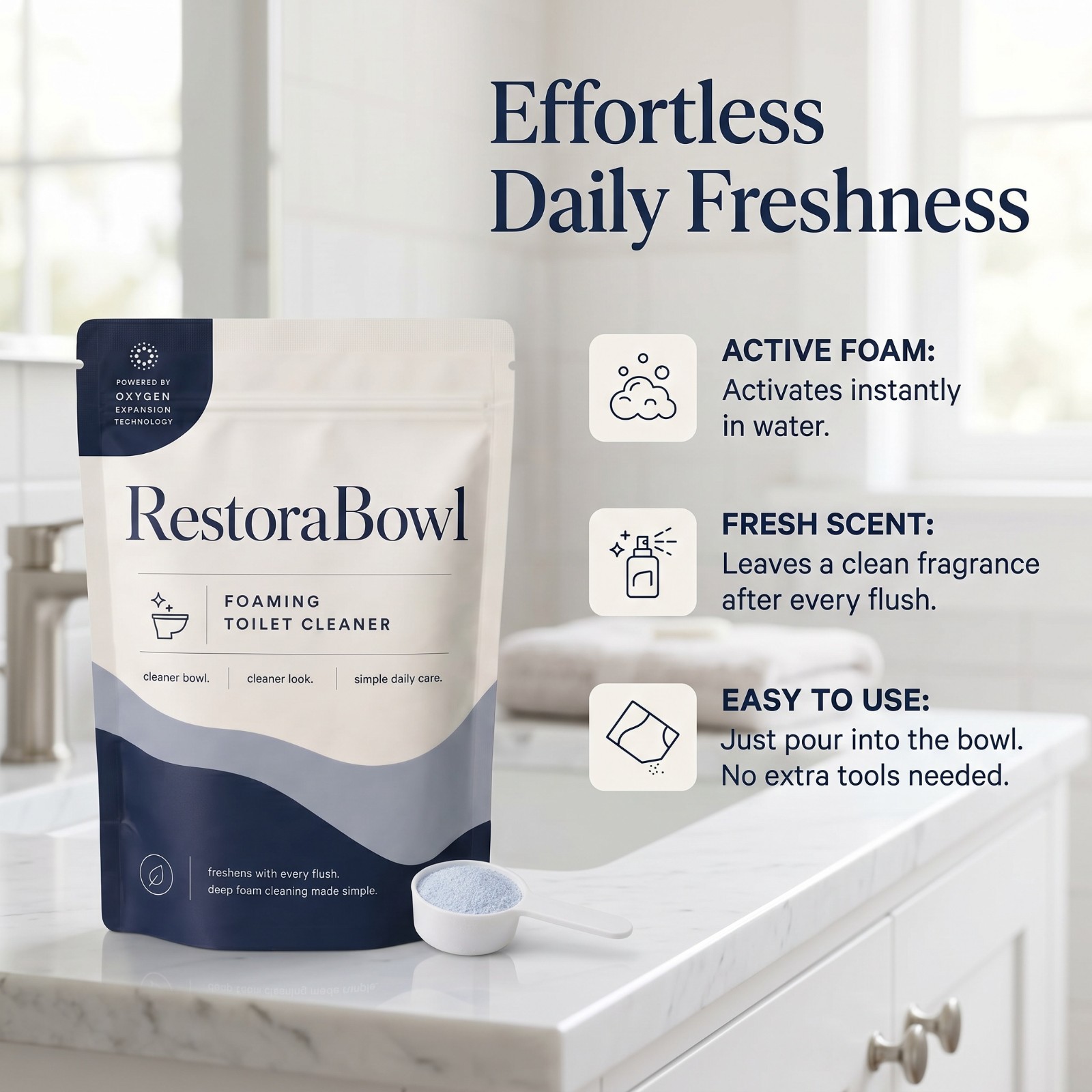 Restorabowl Foaming Cleaning Powder Fresh Scent Fast Dissolving Daily Care 300g
