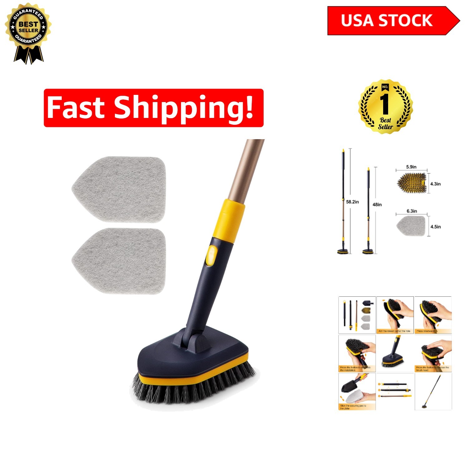 58.2-Inch Adjustable Tub & Tile Scrubber with Replaceable Pads for Deep Cleaning