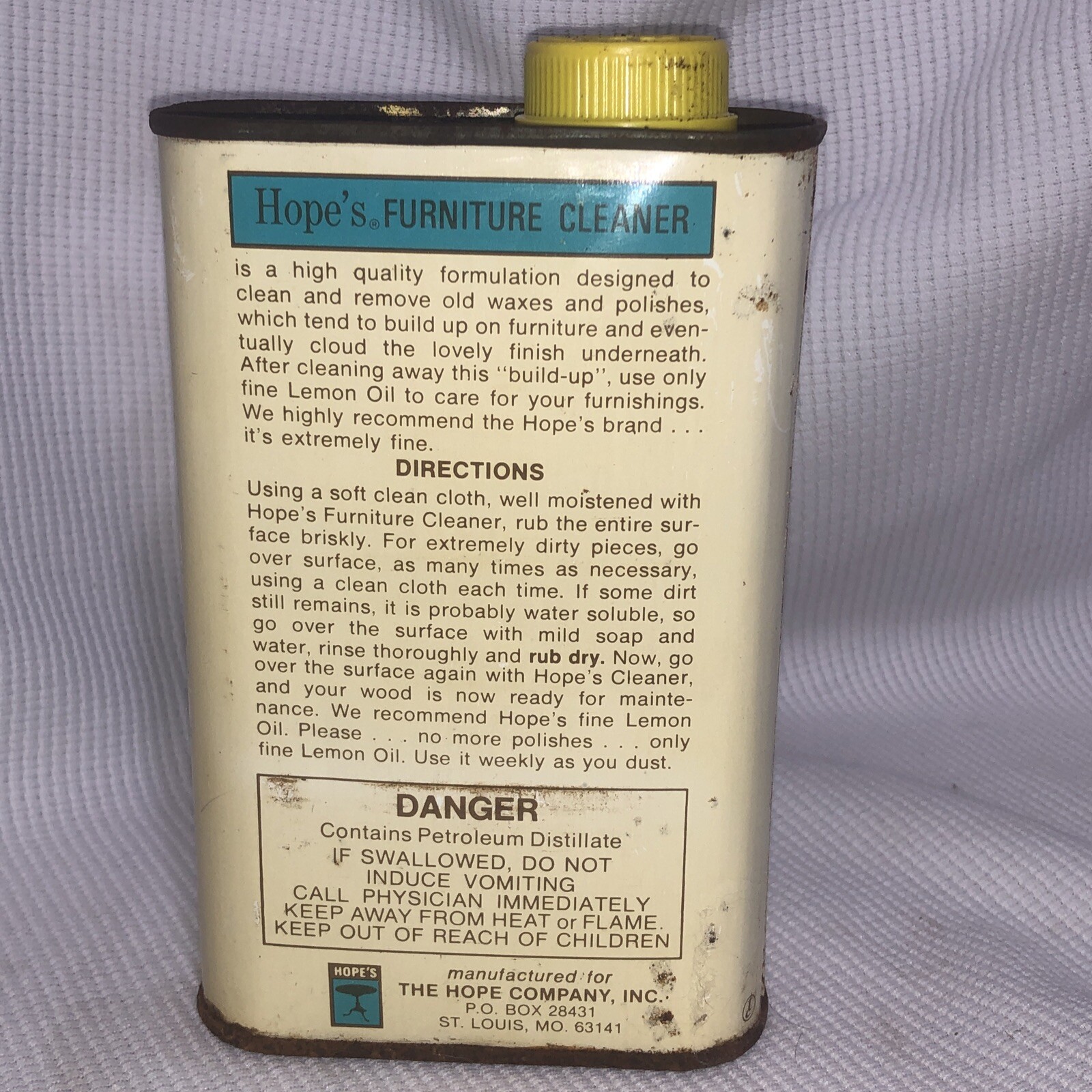 Vtg Hope’s Furniture Cleaner Aprox. 50% Full Collectible Tin 16 Oz St. Louis/35b