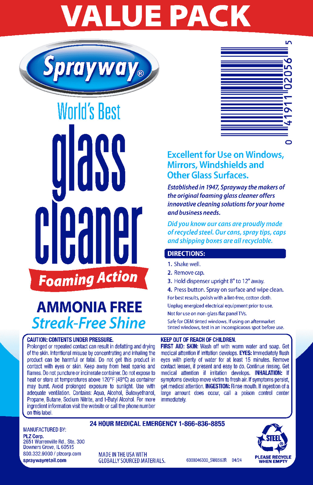 Glass Cleaner Foaming Aerosol Spray, 19 Oz. 2-Pack Free Shipping