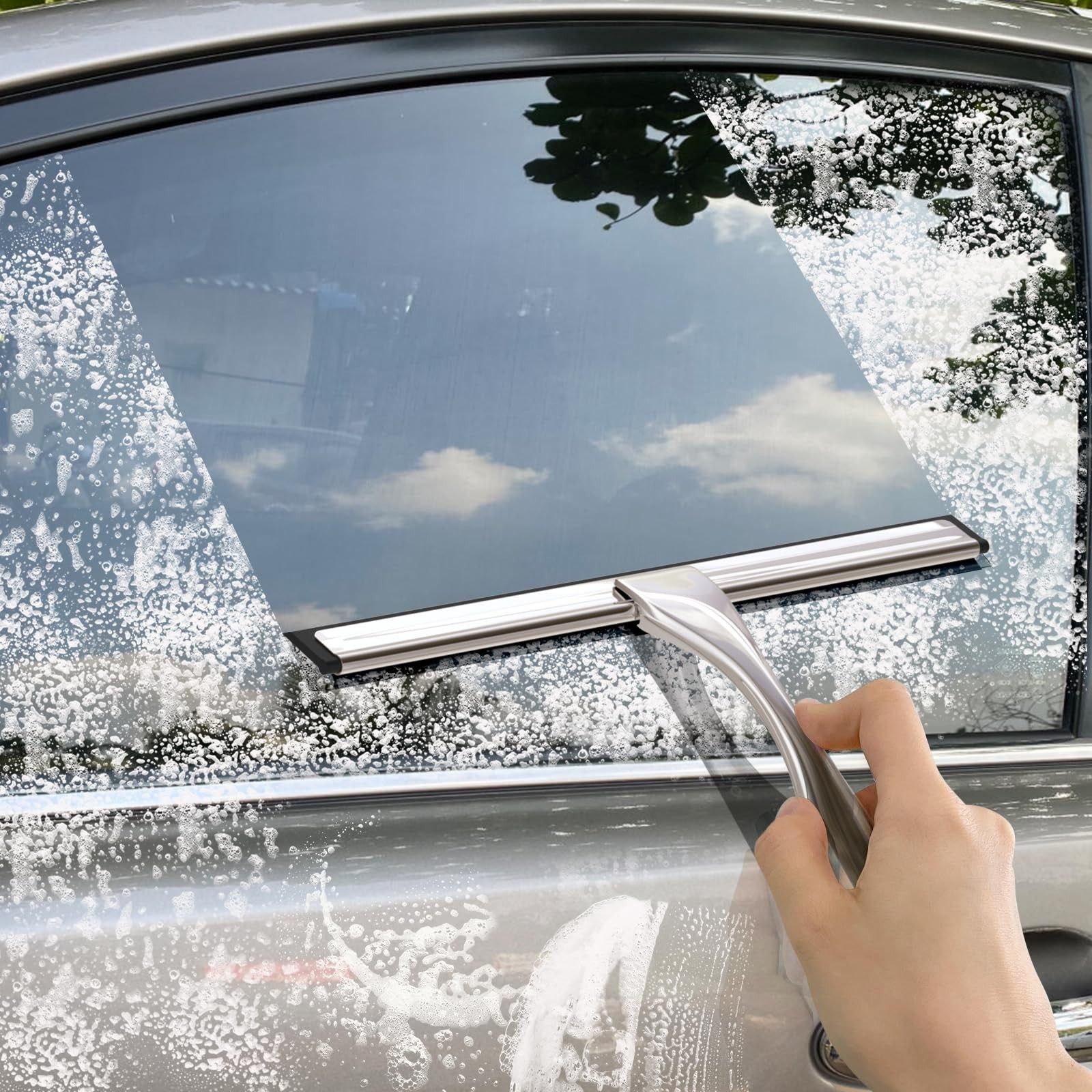 All-Purpose Stainless Steel Shower Squeegee for Glass Doors with Adhesive Hooks