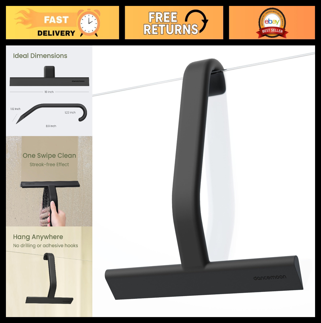 10-Inch Silicone Shower Squeegee with Hook – Streak-Free Tool for Glass, Tile, B