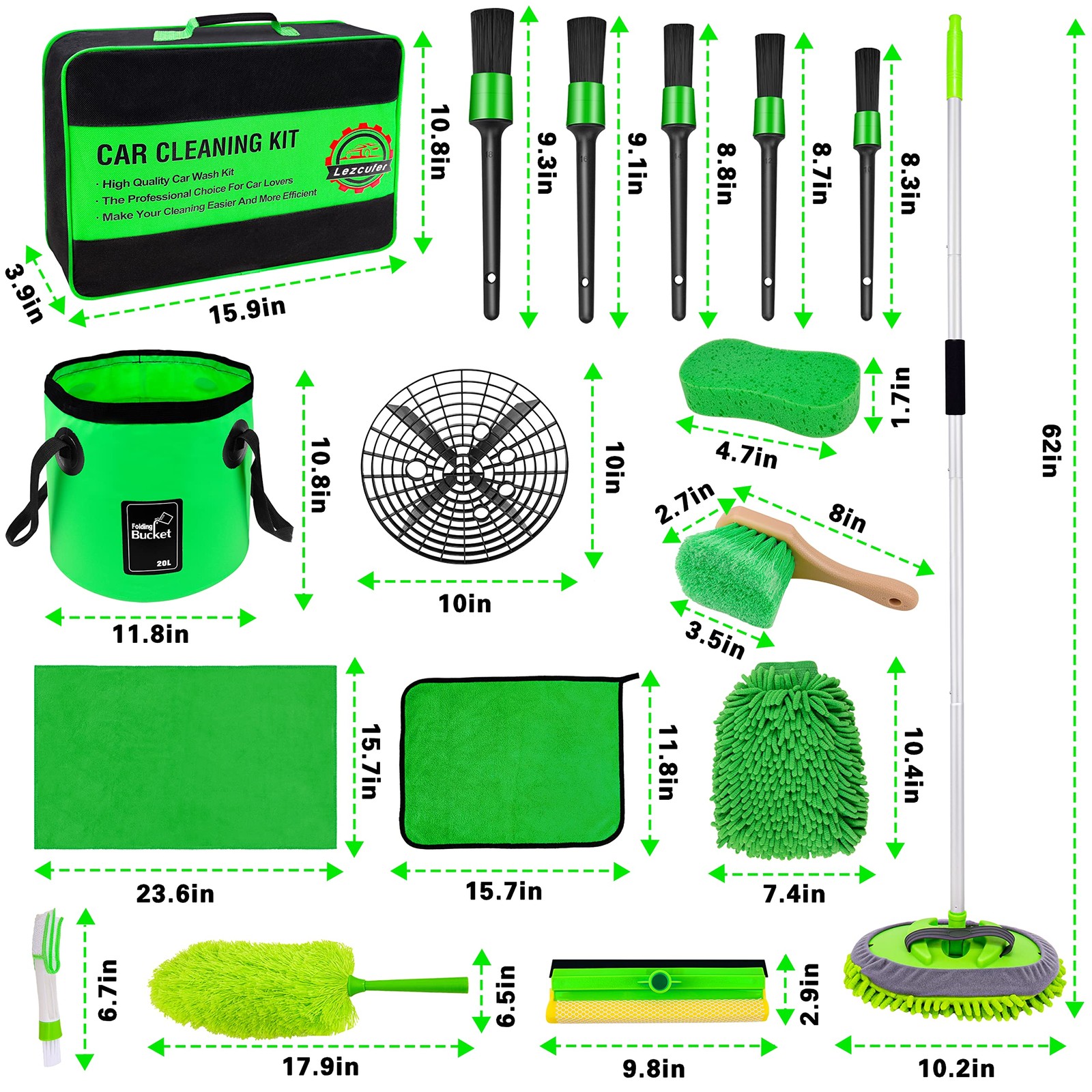 17Pcs Car Wash Kit,62″ Car Wash Brush Mop with Long Handle,Car Cleaning Kit,C…