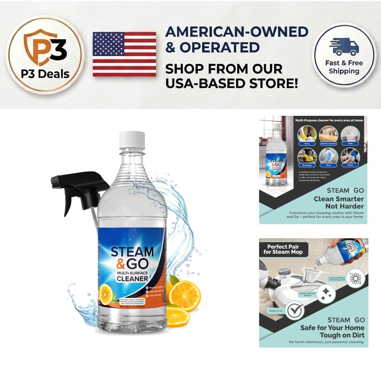 Steam & Go Multi-Surface Cleaner Spray 32oz – Oxy Power & Fresh Orange Scent