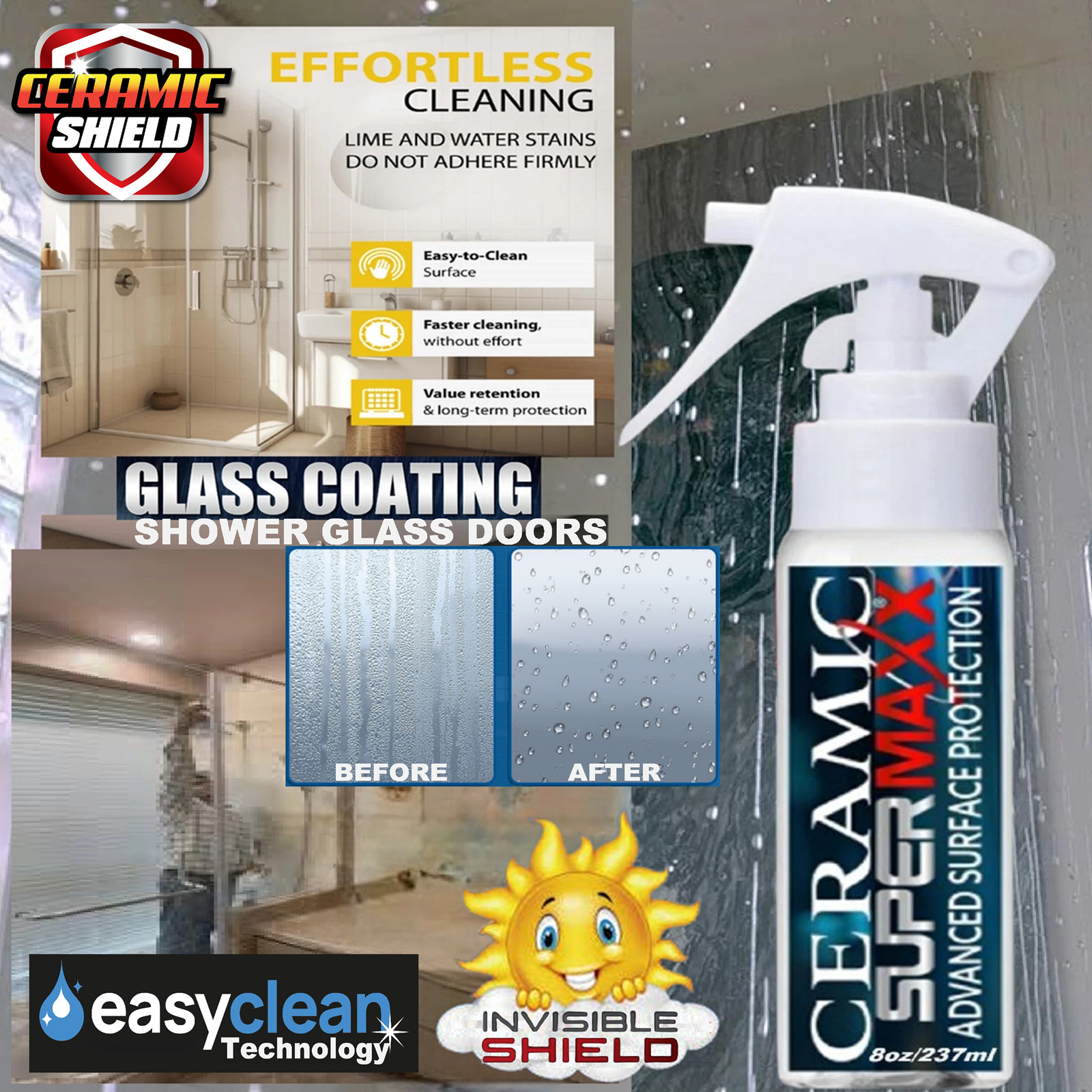 SHOWER GLASS DOOR CERAMIC COATING HELPS PREVENT HARD WATER SPOTS SOAP SCUM -8 OZ
