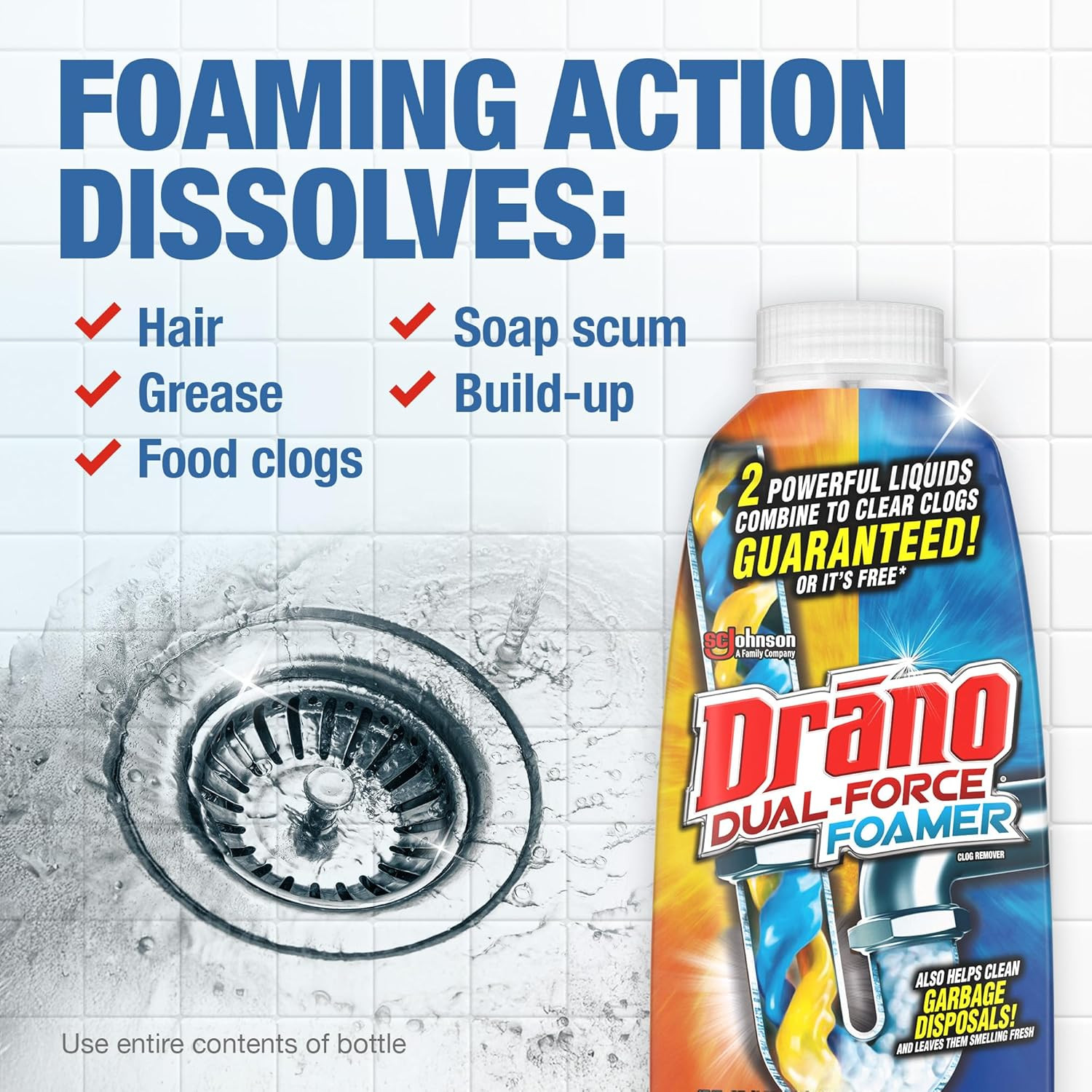 Dual-Force Foamer Drain Clog Remover and Cleaner for Shower or Sink Drains, Uncl