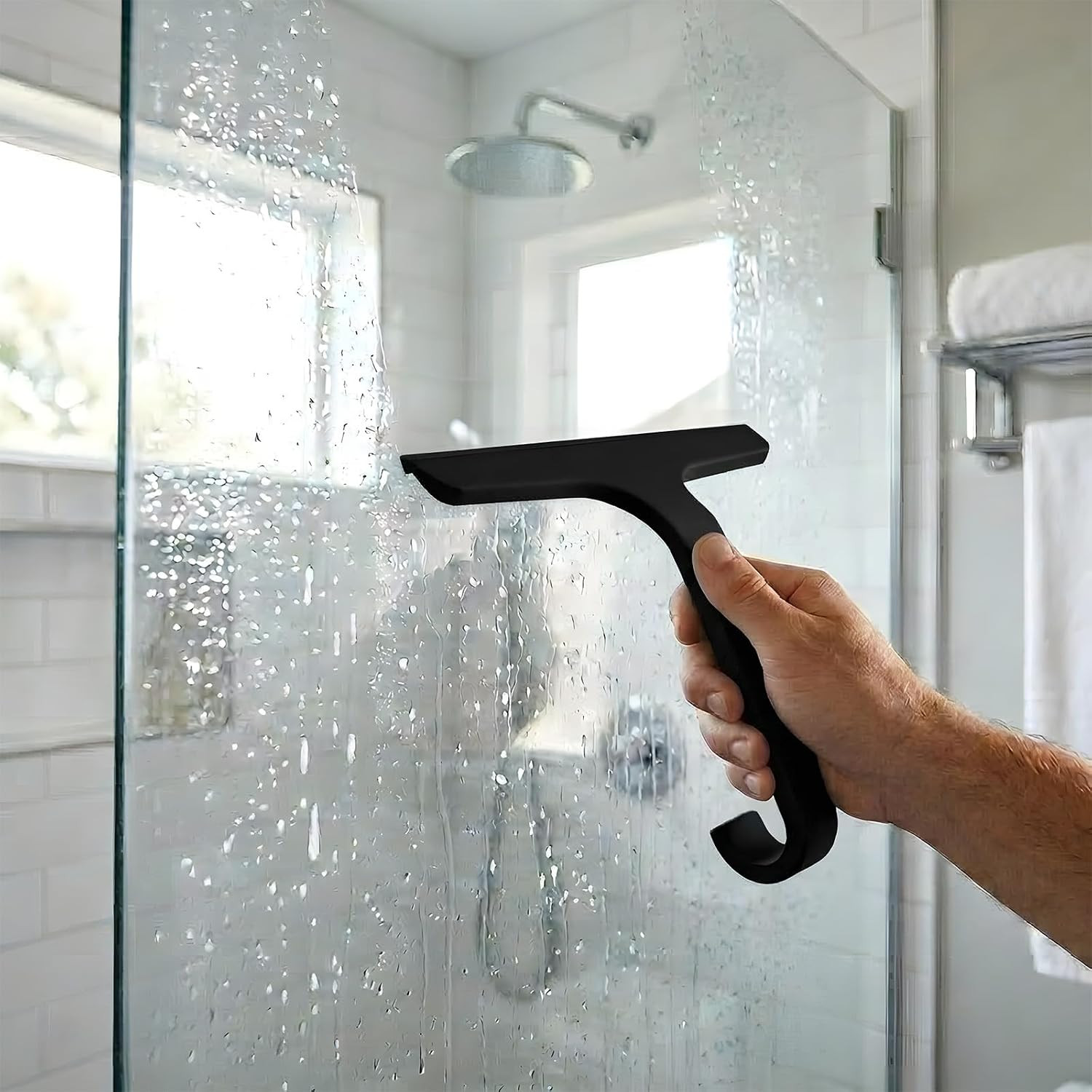 Bathroom Glass Shower Door Squeegee, Silicone & Metal, Black, 10″W X 9.2″L | Eff