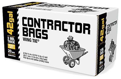 Contractor Trash Bags,Black,Wing Ties,3-Mil Thick,42 Gallons,20-Ct. – 1592062