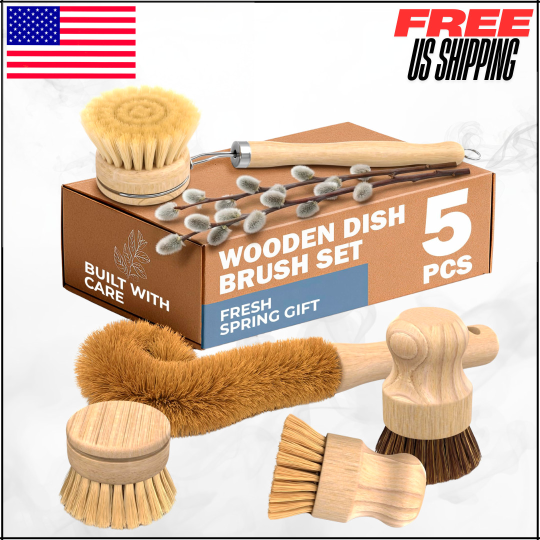 Bamboo Dish Brush Set Scrubber Soft Stiff Bristles 5PK Eco Friendly