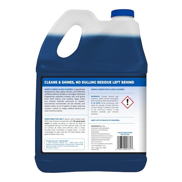 Simple Green 1110100401128 Liquid Glass Cleaner, Blue, Unscented, Jug