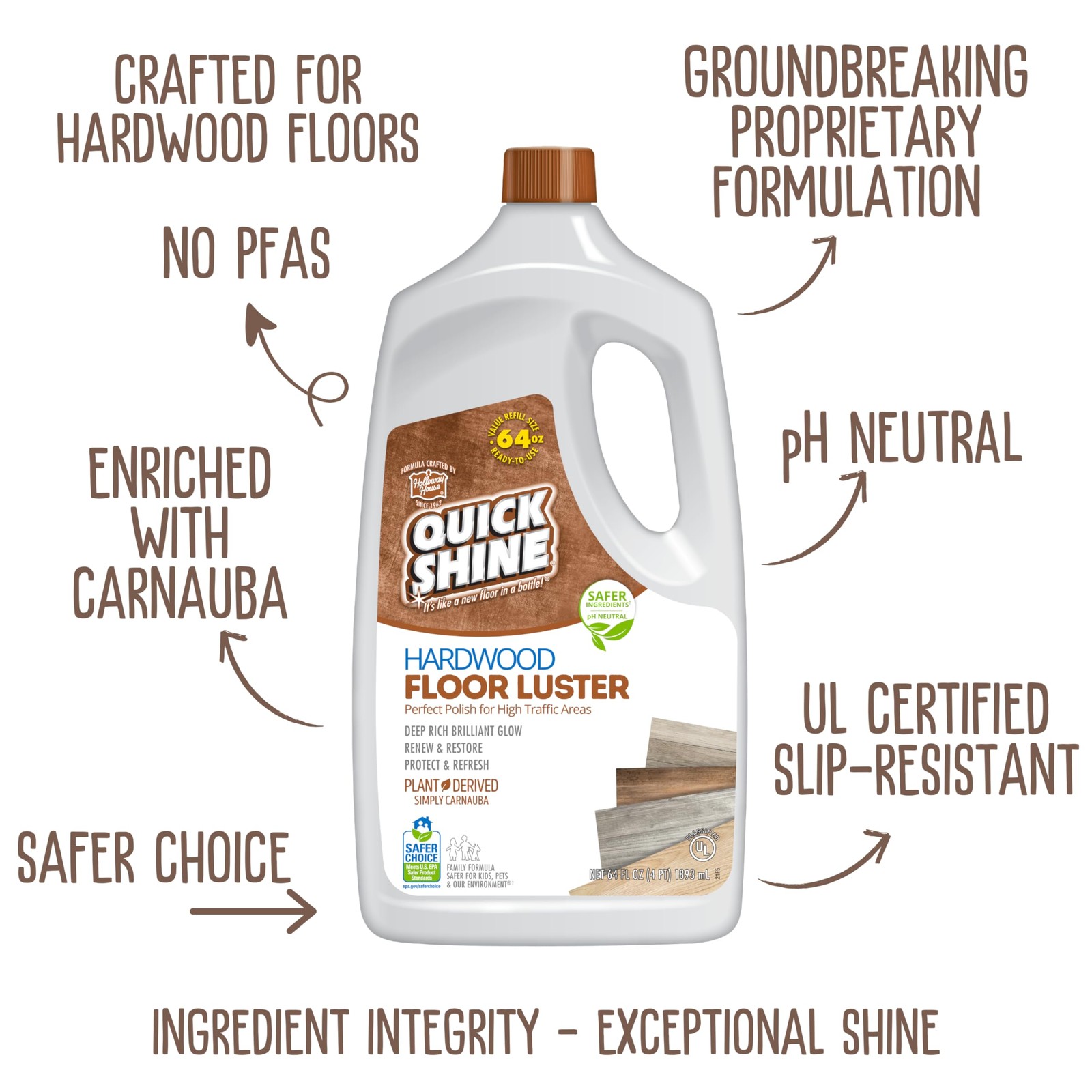 Quick Shine Hardwood Floor Luster-Polish 64oz-4pk | Plant-Derived w/Carnauba |