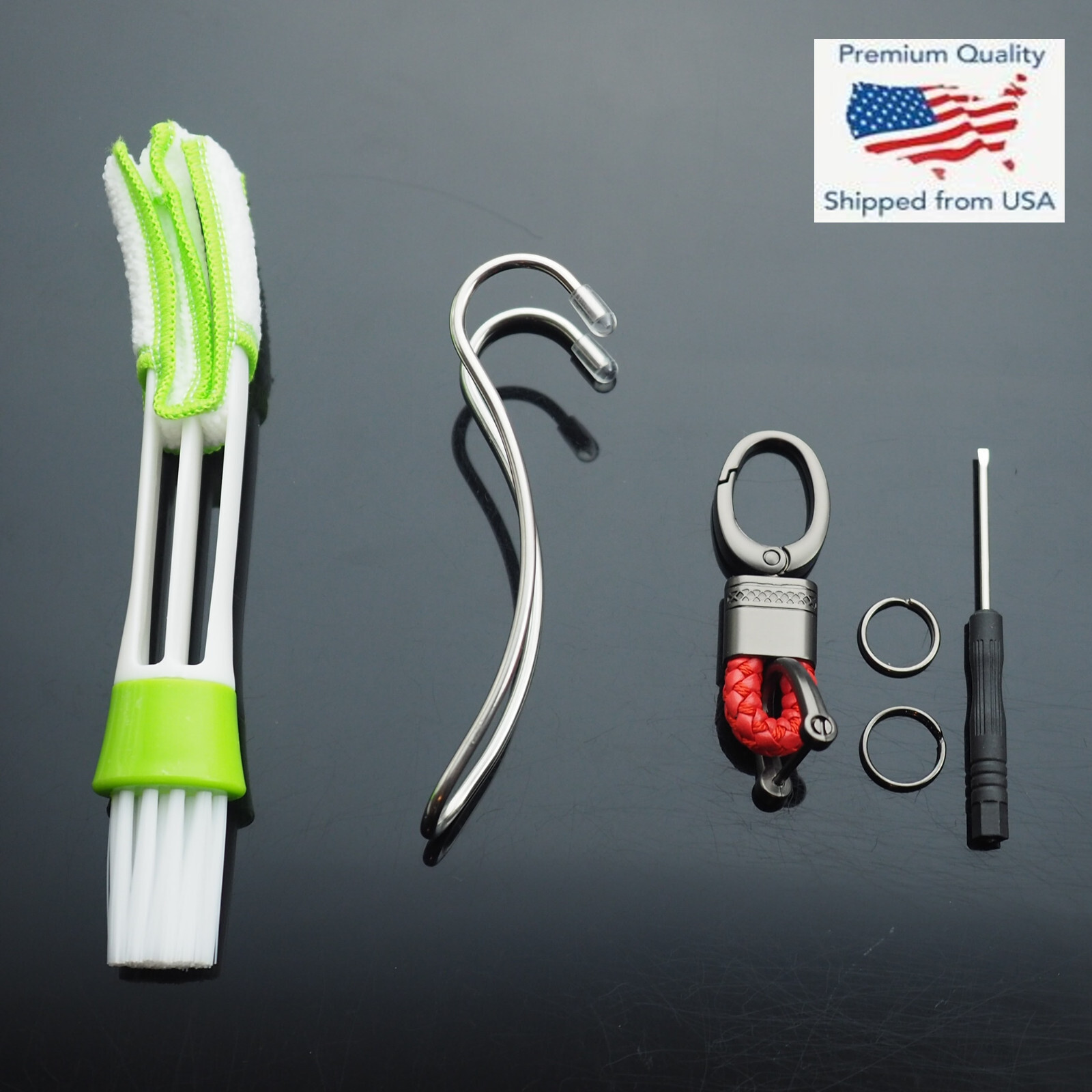 3pc Car Seat Hook Hanger – Vent Blinds Brush – Red Woven Leather Key Fob Holder