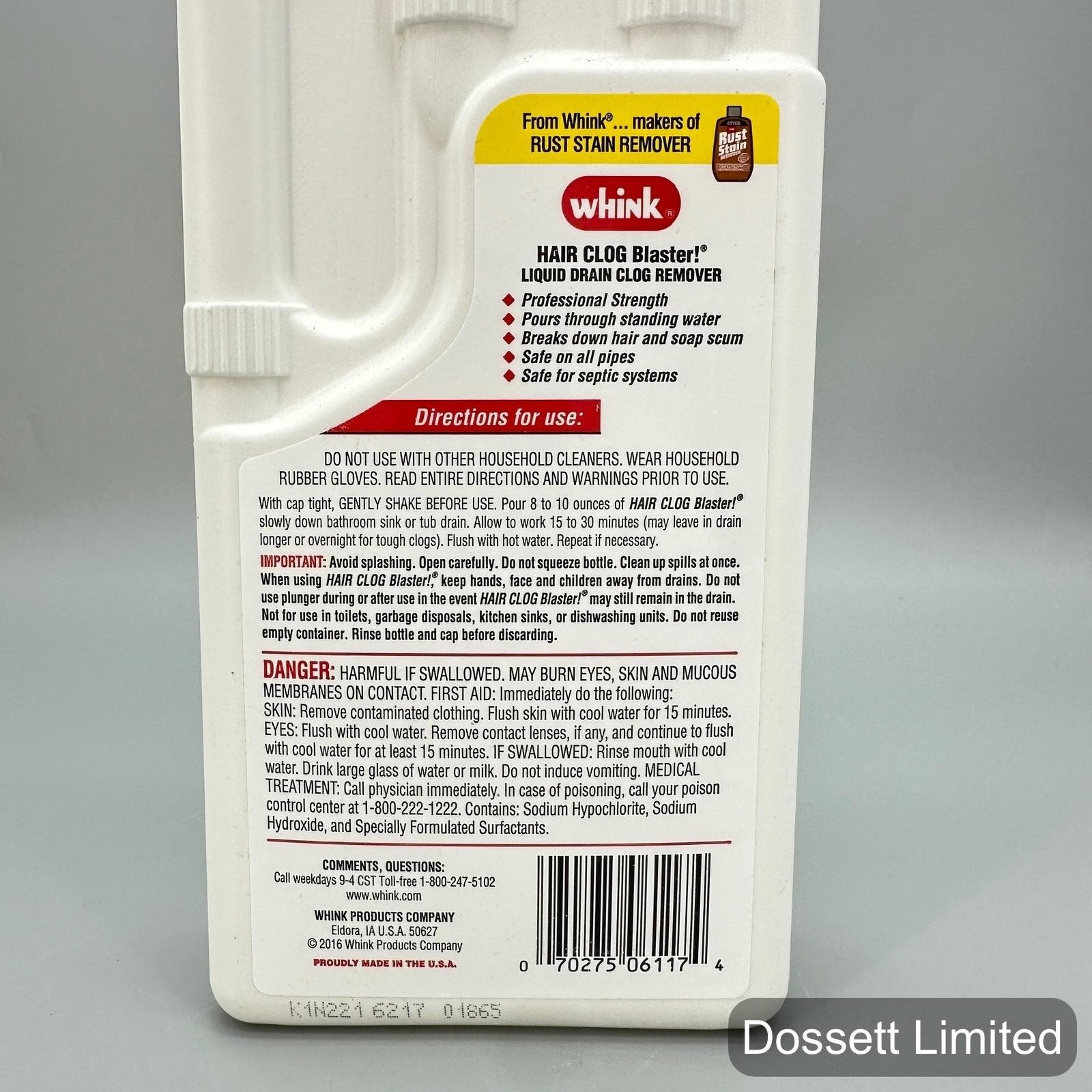 Whink Hair Clog Blaster Liquid Drain Clog Remover 32 Fl Oz Pro Strength Made USA