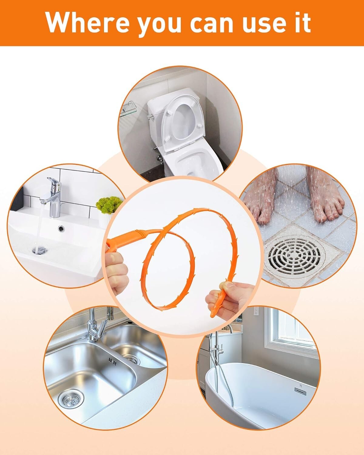 6 Pack 25 Inch Drain Auger Hair Cleaning Tool for Shower Kitchen Sink Bath Tub