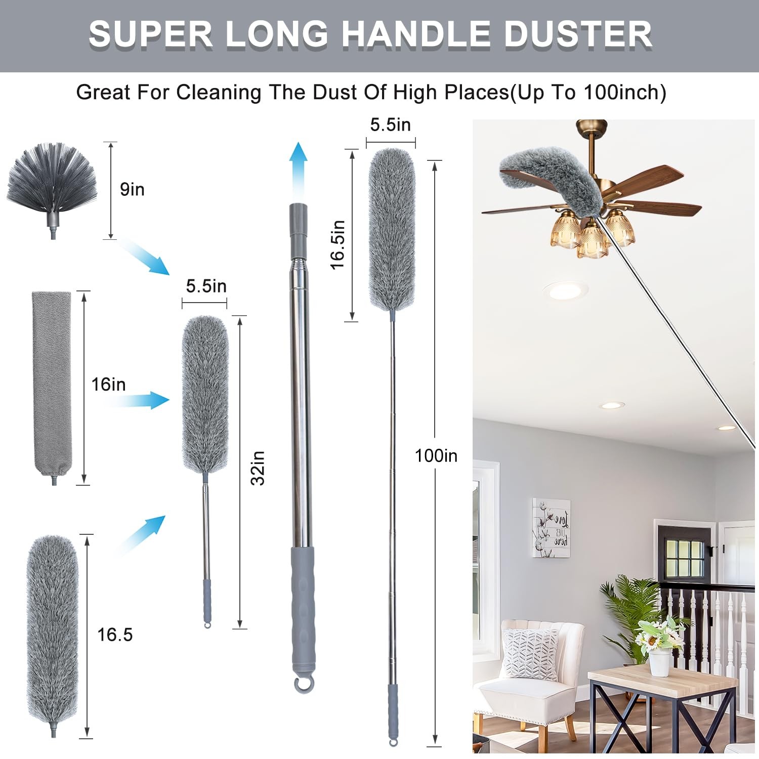 100 Inch Extendable Duster Microfiber Cobweb Ceiling Fan Brush Dust Remover