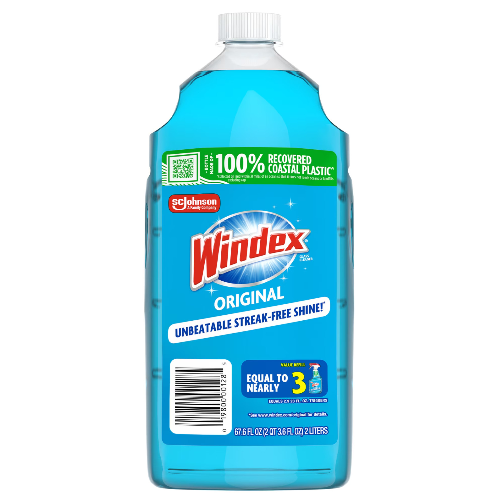 Windex Glass, Window, and Mirror Cleaner Refill, Original Blue, 2 L