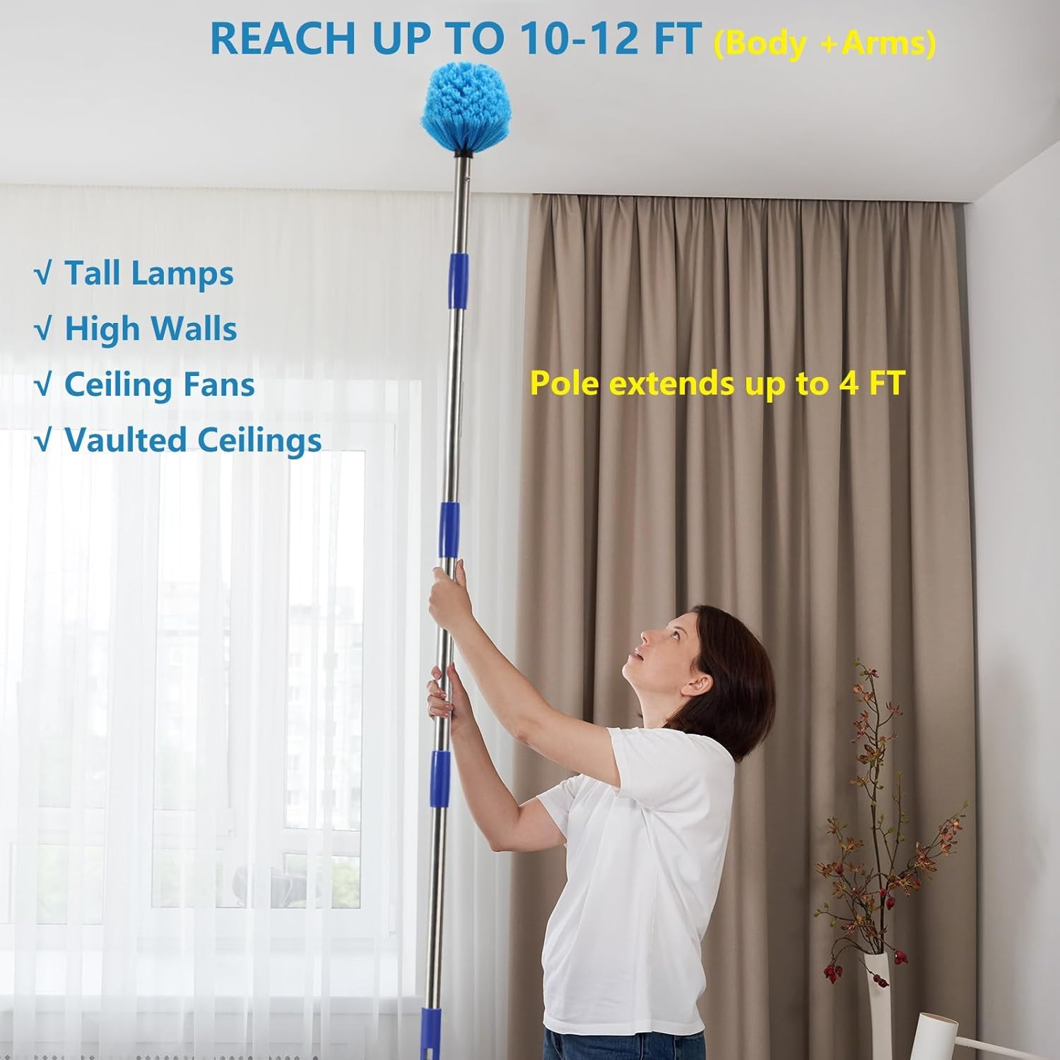 Cobweb Duster with Extension Pole, 4 FT Stainless Steel Pole with Spider Web Bru