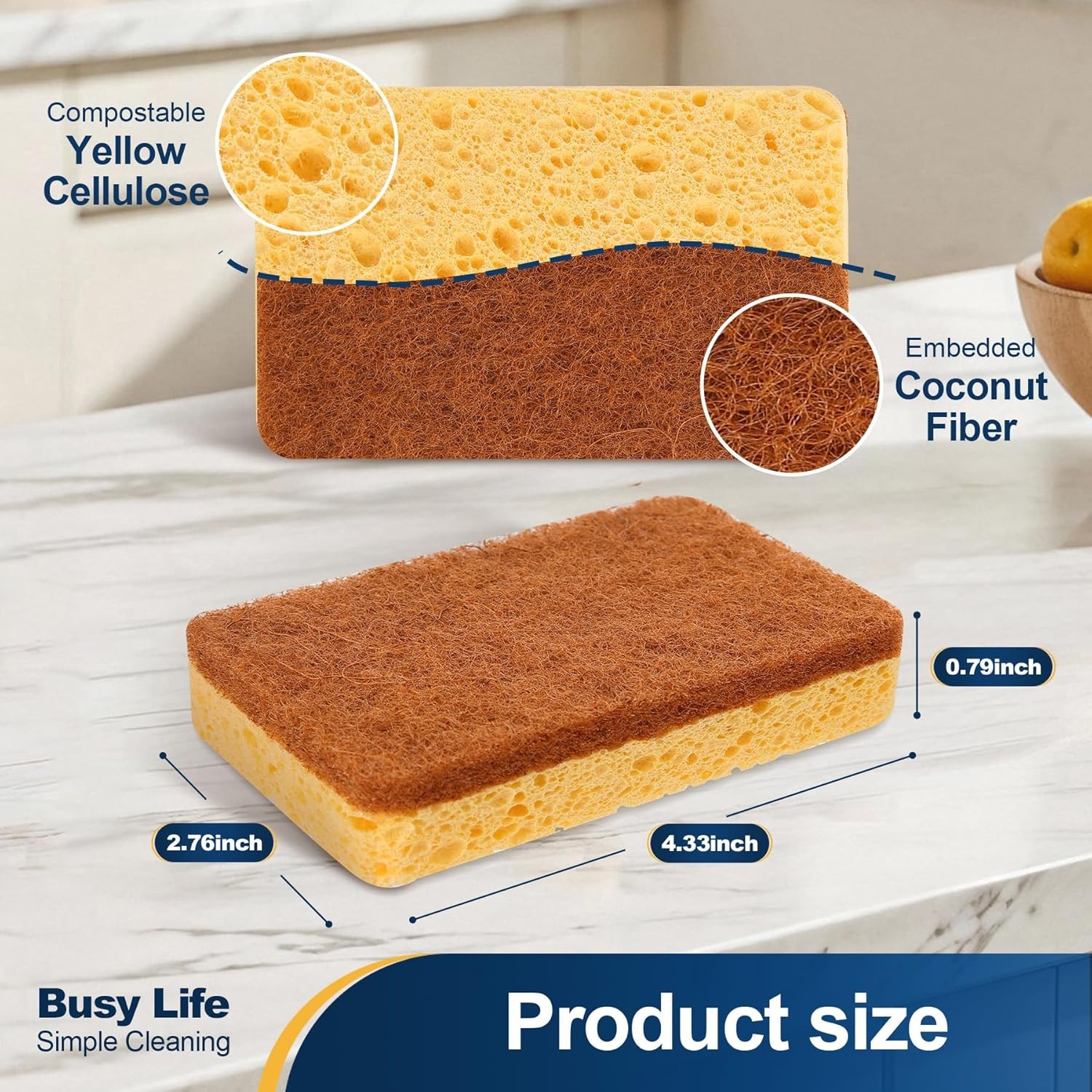 Cellulose Sponge 12 Pack Biodegradable Natural Kitchen Sponge Dual-Action