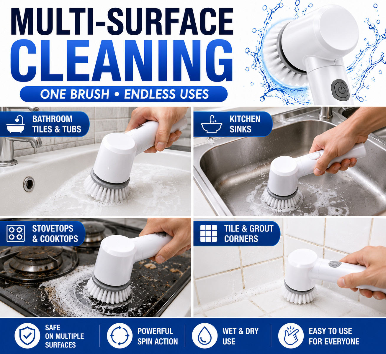 Electric Spin Scrubber Cordless Cleaning Brush Bathroom Kitchen Tile Grout