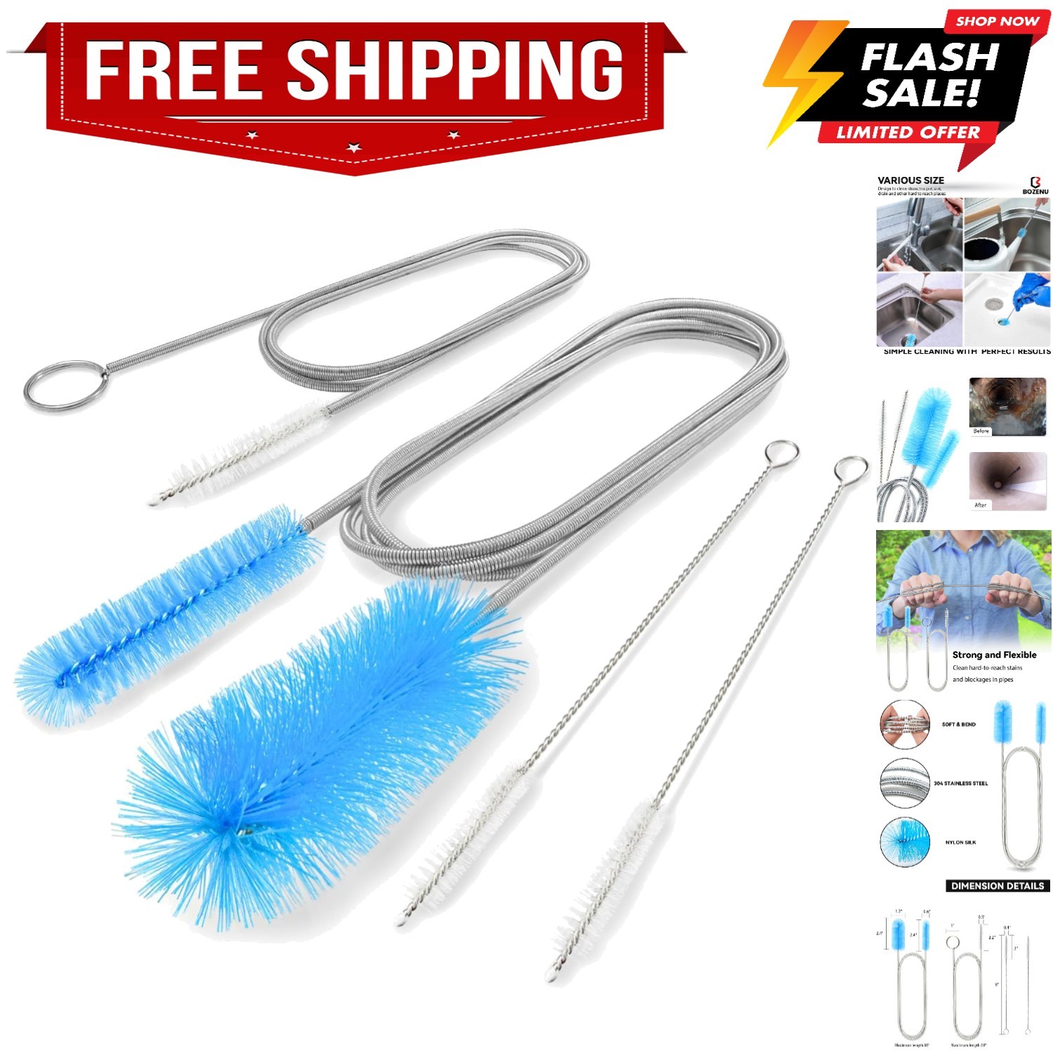 Flexible Drain Brush, 66 Inch Long Double Ended Hose Pipe and 58 Inch Tube Clean