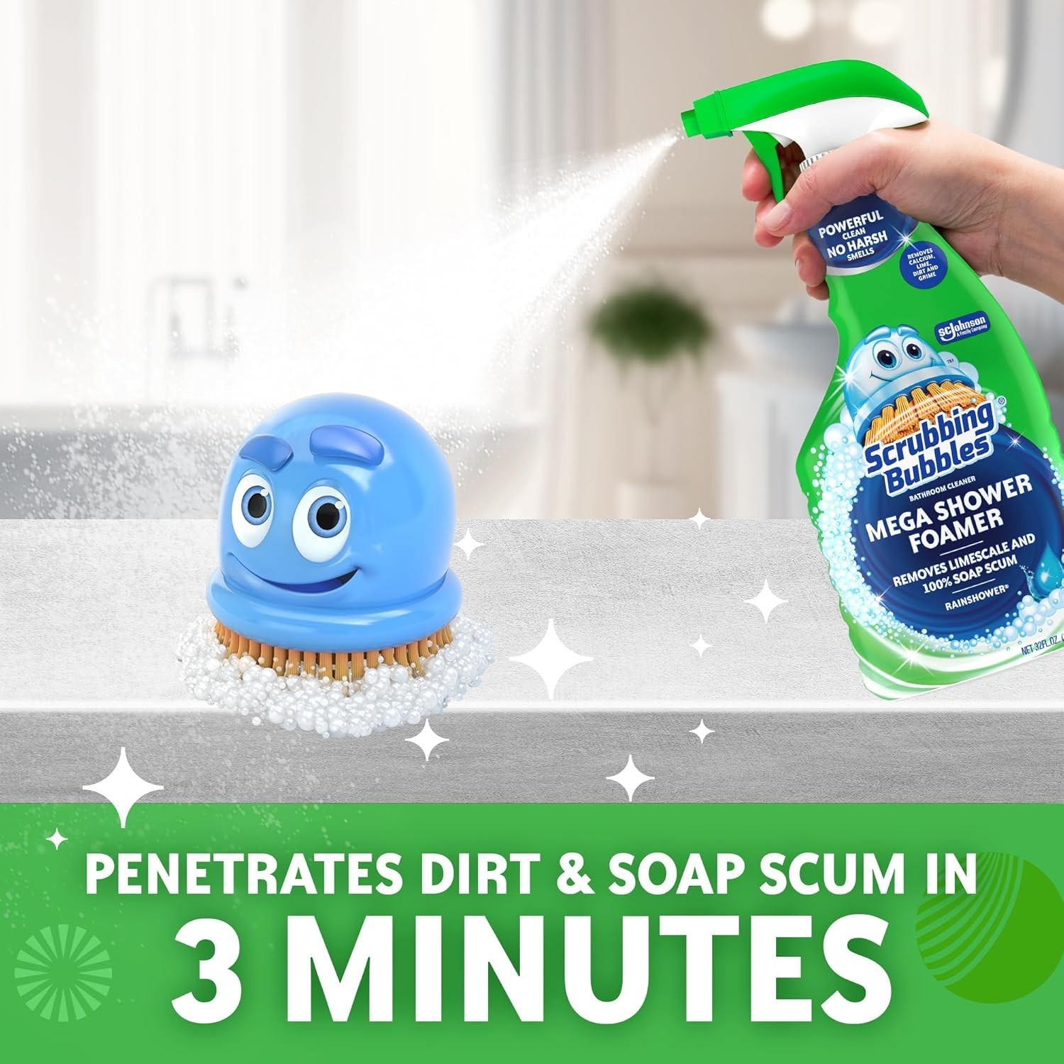 Mega Bathroom and Shower Cleaner Spray, Foaming Action Removes Limescale and Soa